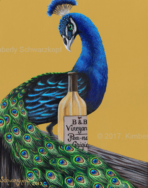 Painting of a Peacock with a Bottle of Pea-no Grigio (Pinot Grigio)