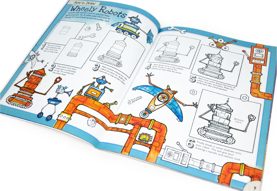Illustrated Robots double page spread from How to draw Machined, by illustrator Fiona Gowen