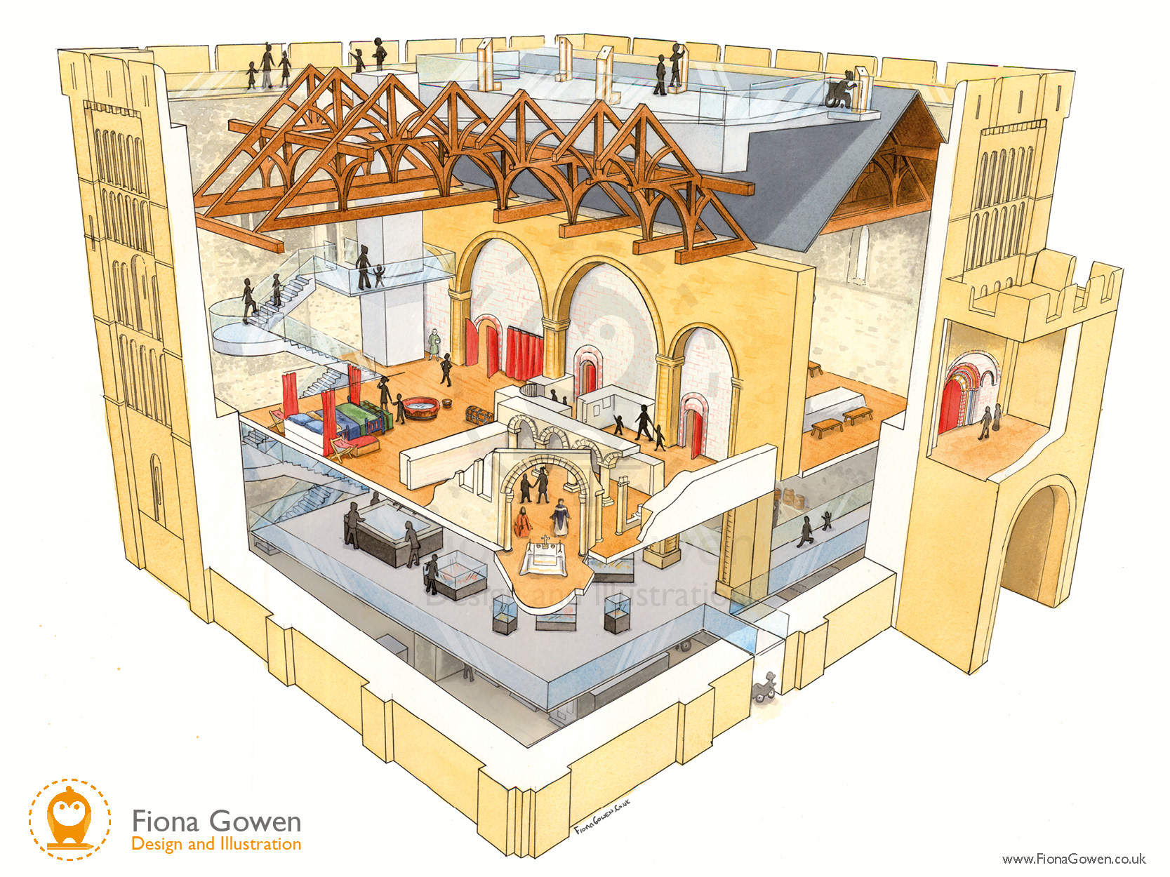 An artist's impression cut-through watercolour illustration of Norwich Castle, showing the proposed new floor levels and redevelopment of the castle keep.