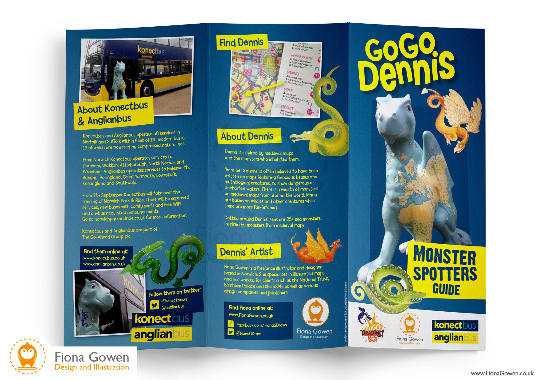 leaflet design for 2015 Illustrated map dragon sculpture by Fiona Gowen