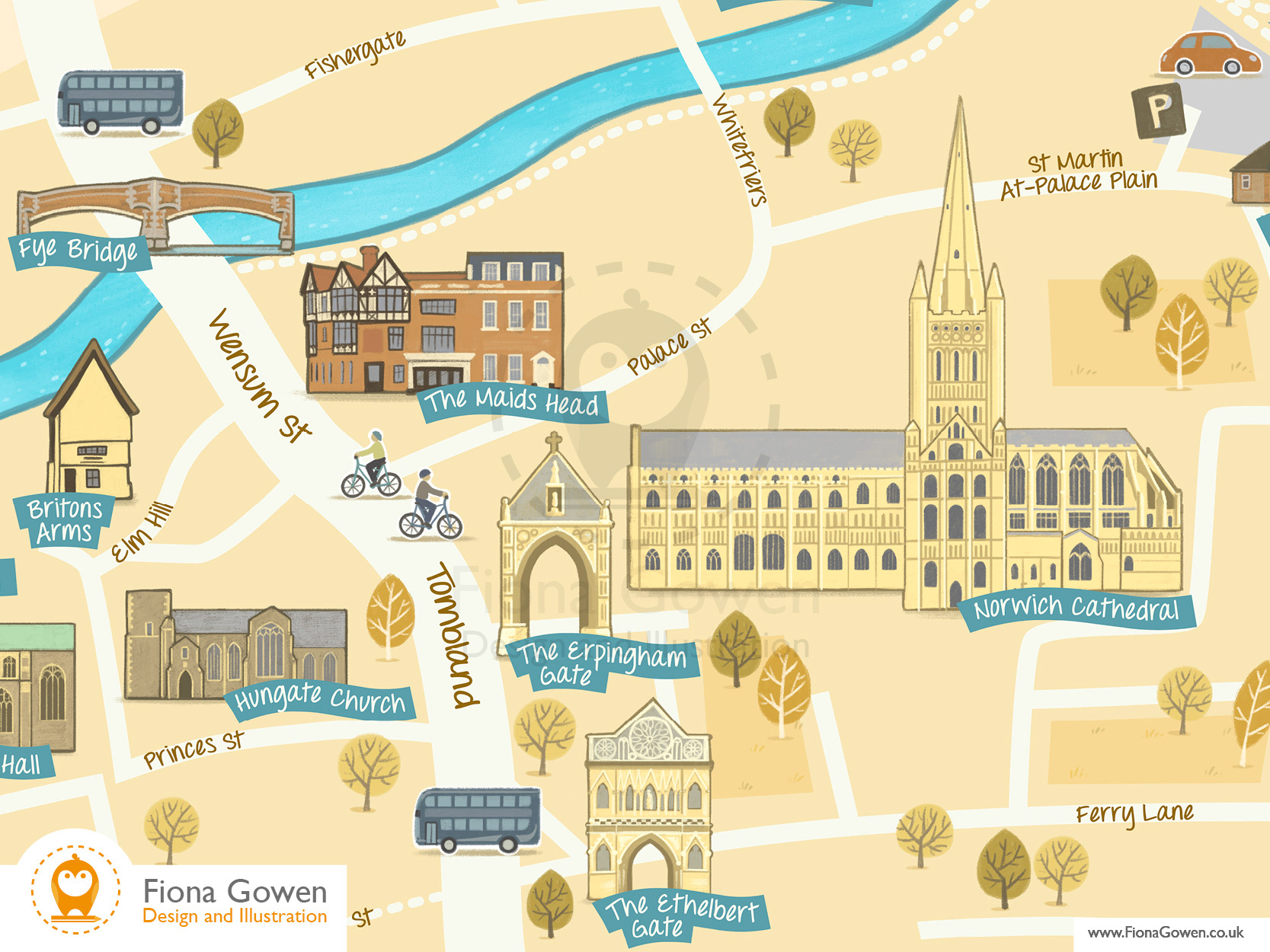 Crop of Norwich Cathedral Quarter Illustrated map. Showing key buildings such as the Maids Head Hotel, Norwich Cathedral, The Britons Arms and Fye Bridge