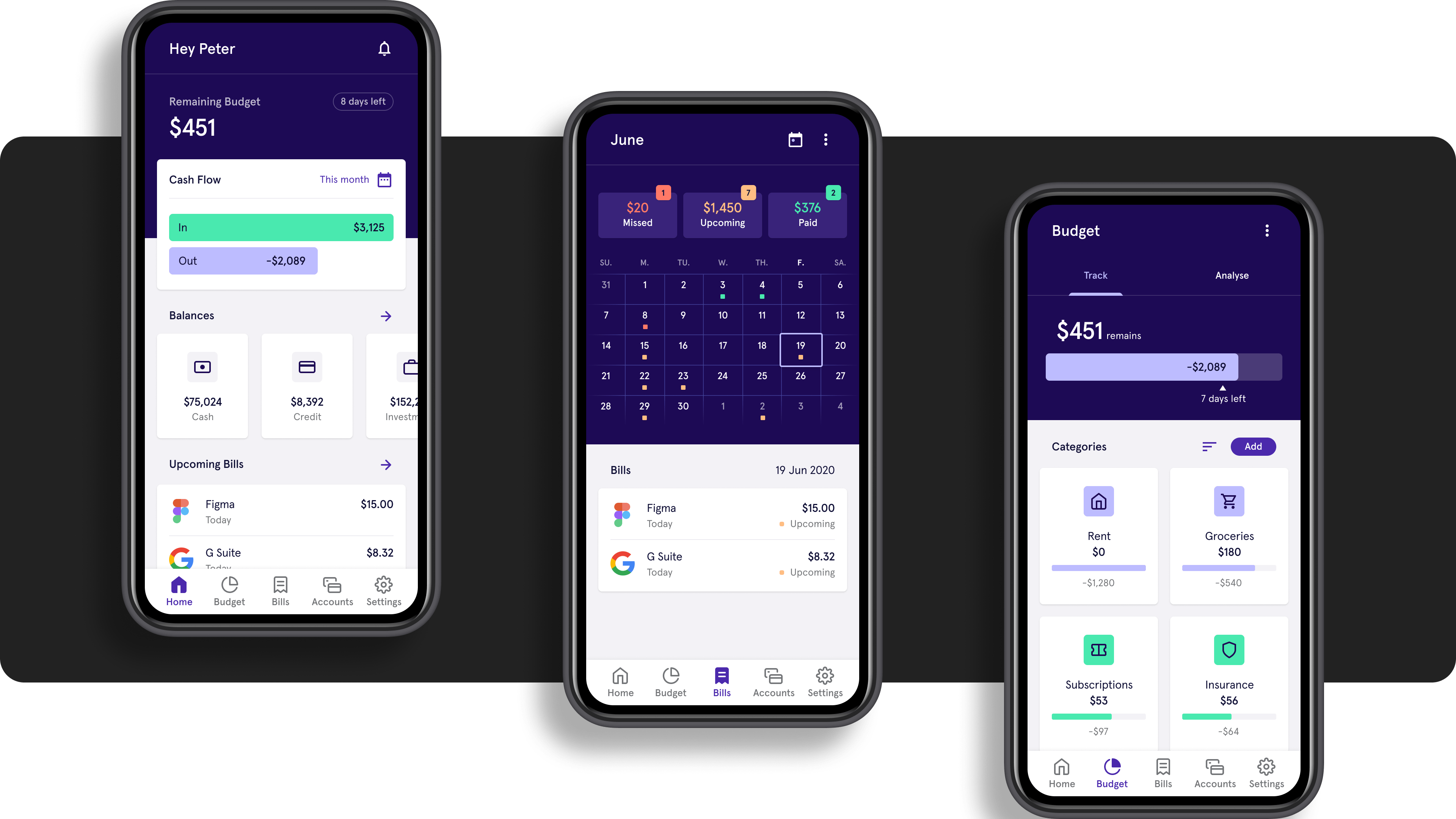 Personal finance mobile app screens displayed on mobile devices.