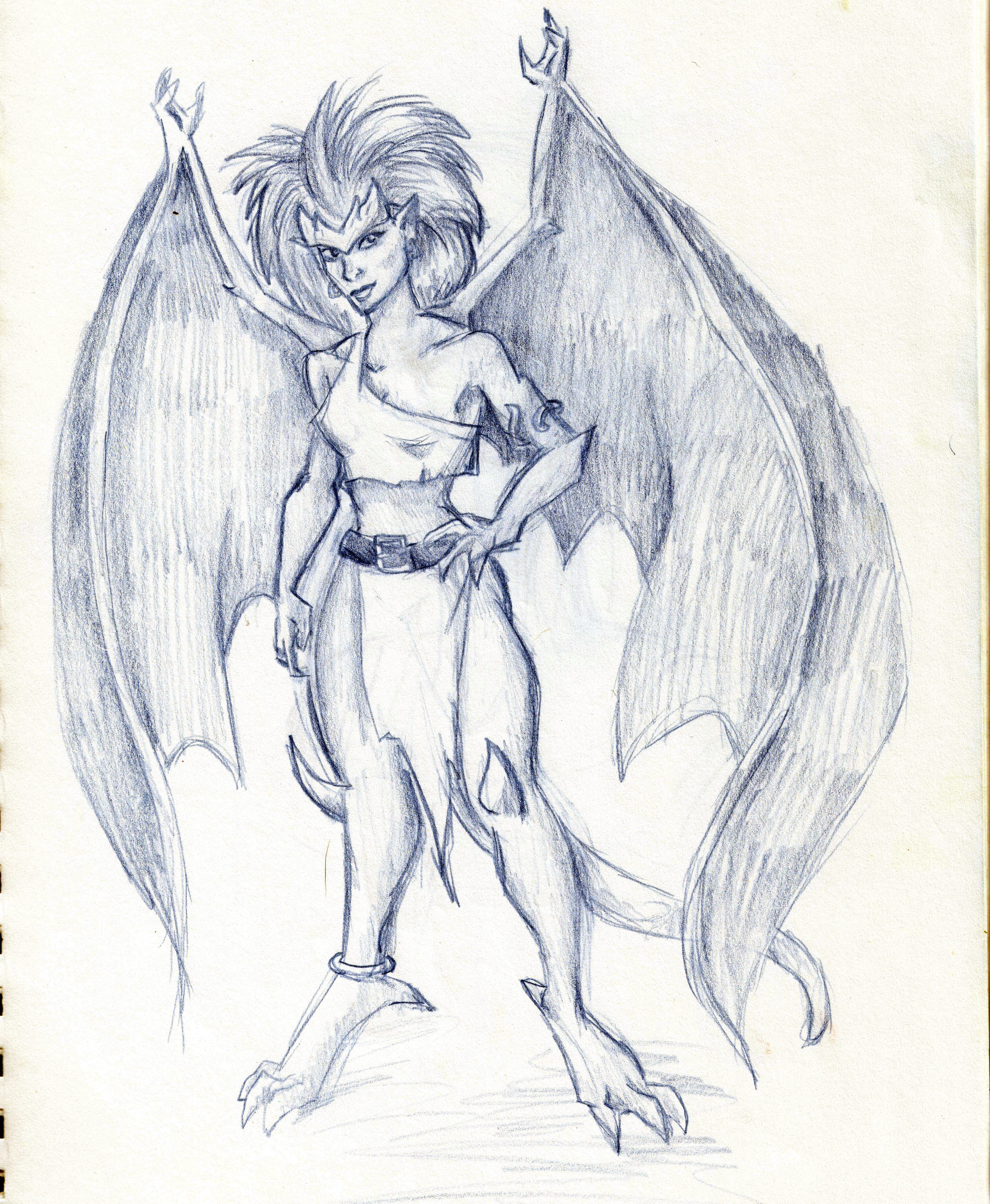 Blue col-erase pencil sketch of Demona from Gargoyles.