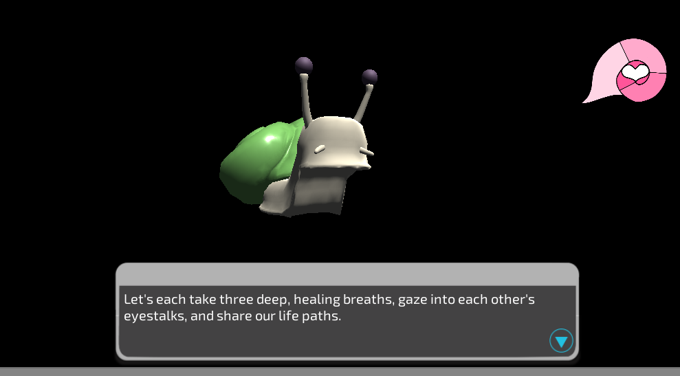 Screenshot of a green-shelled snail suspended in space.