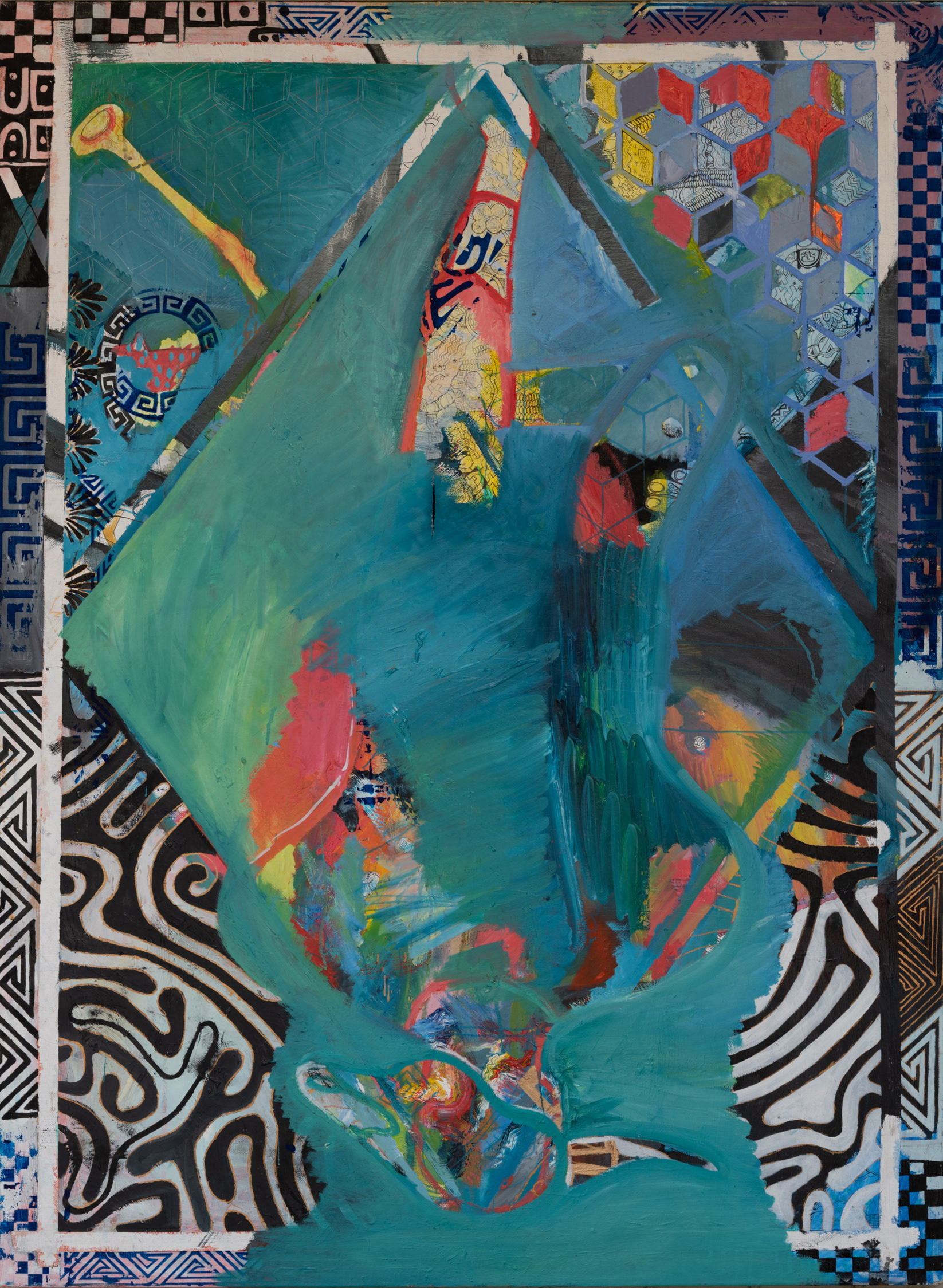 The Renunciation Ceremony Pt. V: The Hanged Shaman (in progress) - 2020 - 4x6' -oil paint and ink on canvas