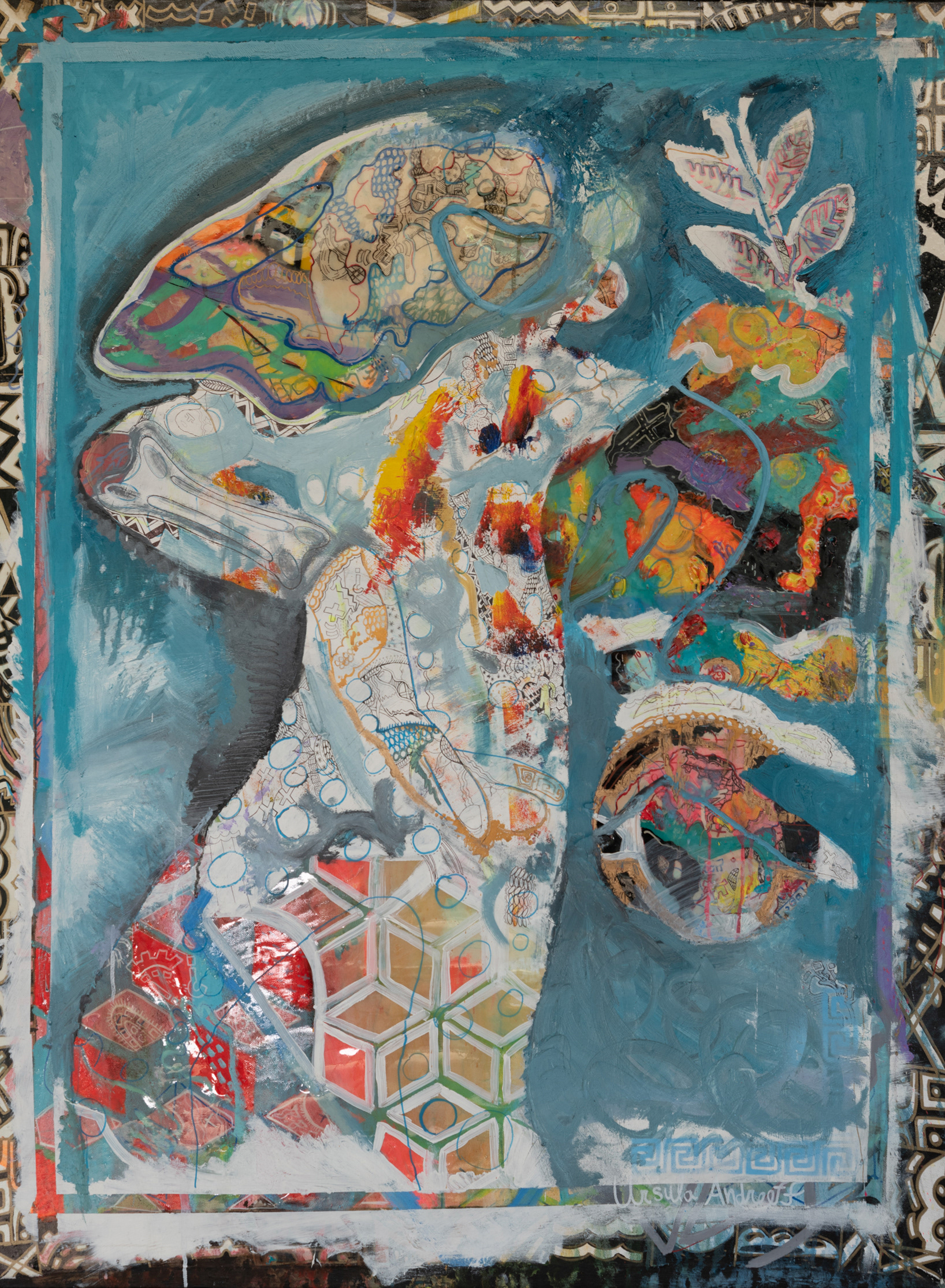 The Renunciation Ceremony Pt. III: The Shaman Merges with the Initiate (in progress) - 2020 - 4x6' - oil, acrylic, and spray paint, and paint pen on canvas