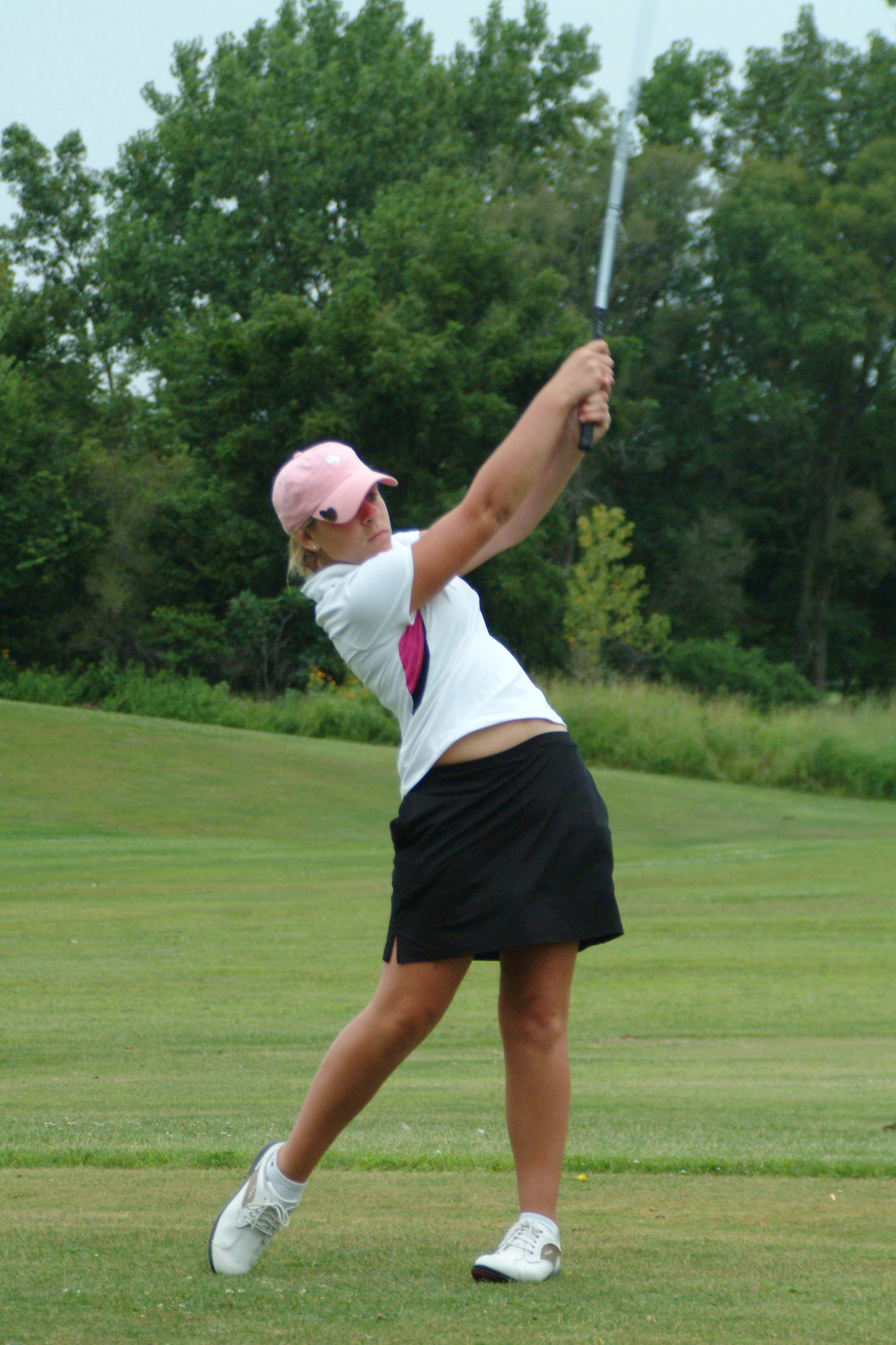 080709tvmGLFLCINVITE_15 Tony V. Martin CRETE-Andrean junior Katie Derek on the 17th tee. Girls Invitational at Longwood Country Club on Friday.
