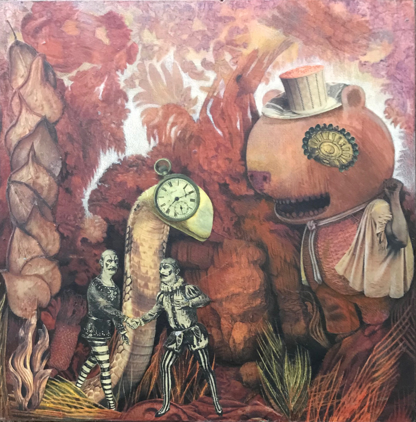 davidmball “Suspect Alliance”, 12”x12”, collage, acrylic, colored pencil, on wood panel, #davidmball #available #purchase, Message me at ball.david@sbcglobal.net