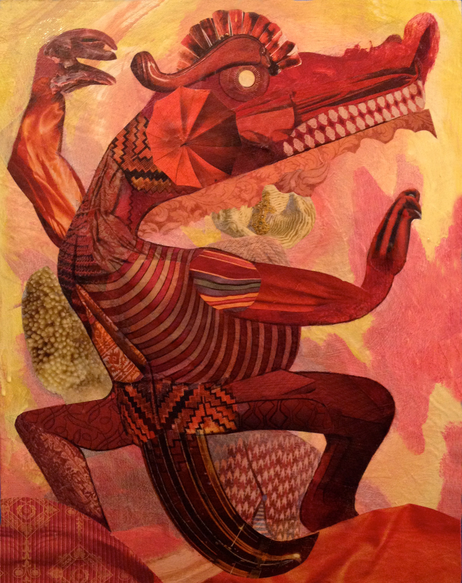 davidmball “Dragon Fu”, 16”x20”, collage, acrylic, colored pencil on wood panel, #davidmball #available #purchase, Message me at ball.david@sbcglobal.net.