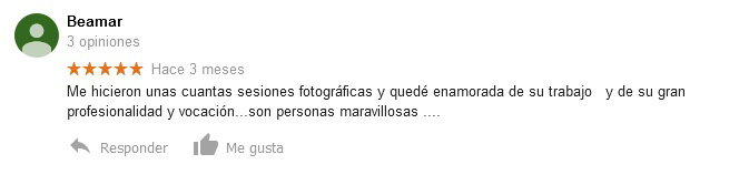 Opinión de Beamar sobre sesión fotográfica, quedando enamorada del trabajo. Da 5 estrellas.