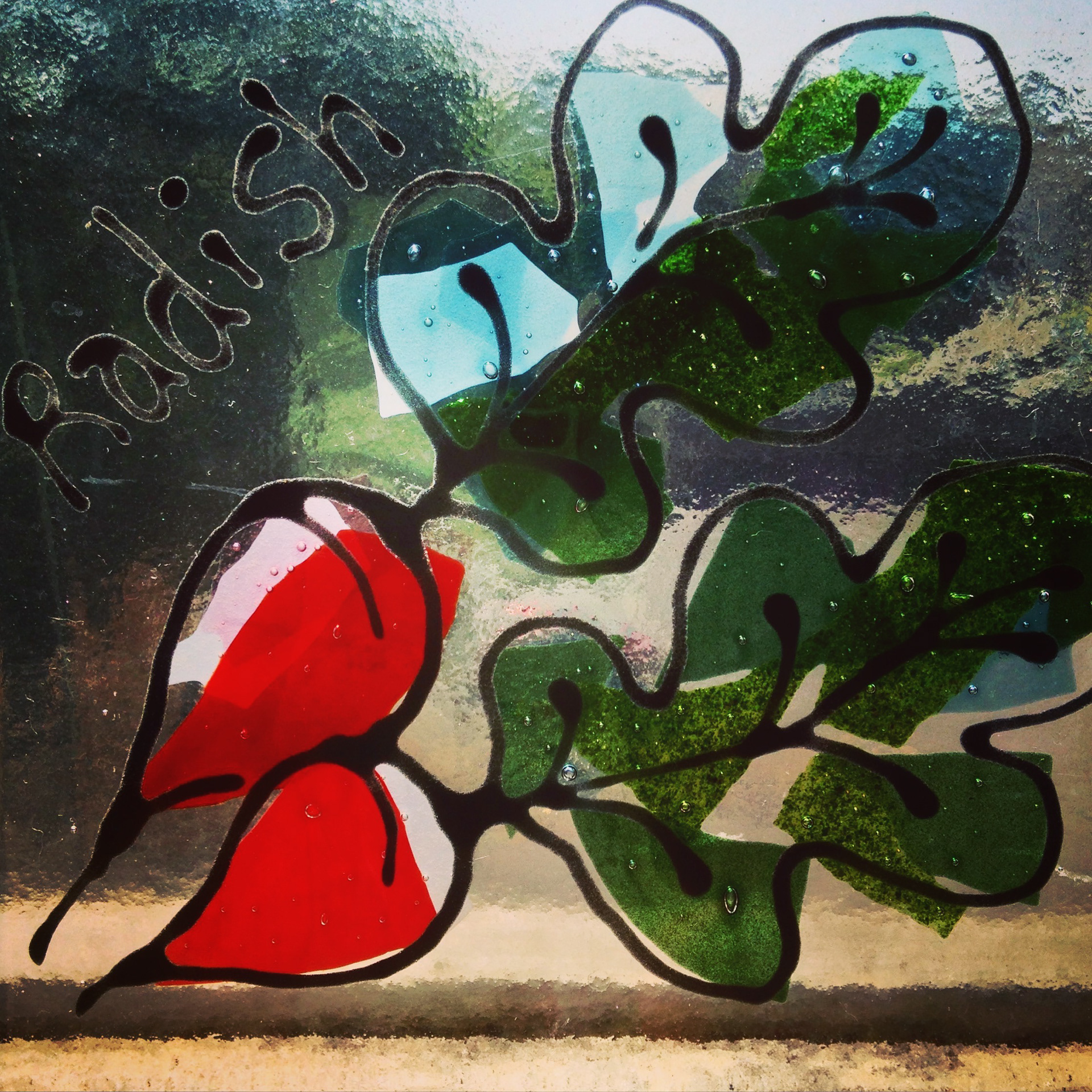 Stained Glass and Fused Glass set of plants. Hot glass kiln tiles radish. Glass paint, Glass confetti. Made at The Glass Garden