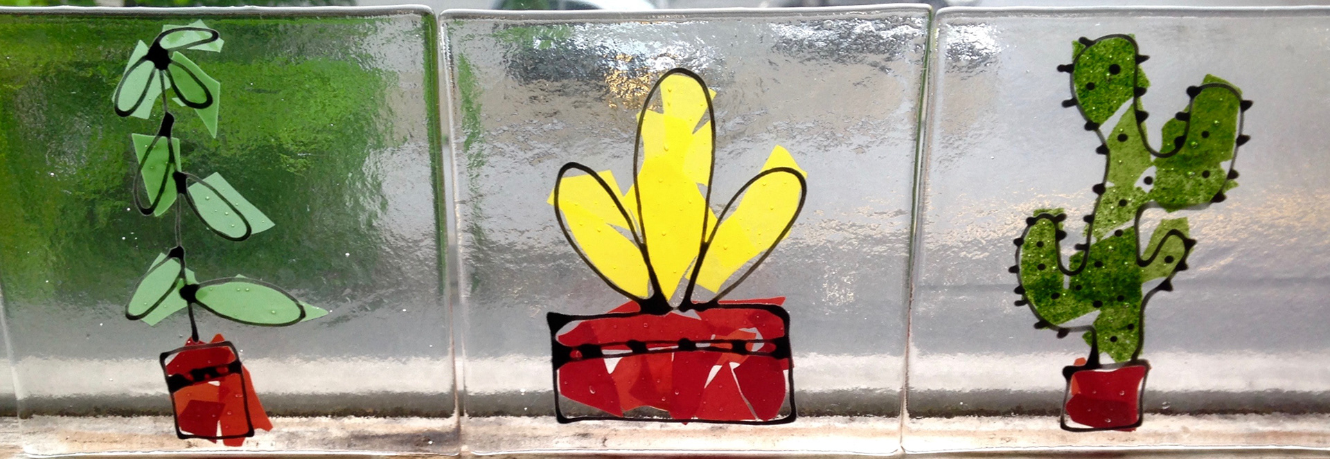 Stained Glass and Fused Glass set of plants. Hot glass tiles 10x10 cm Cactus, avacado seed, succulent. Glass pain, Glass confetti. Made at The Glass Garden