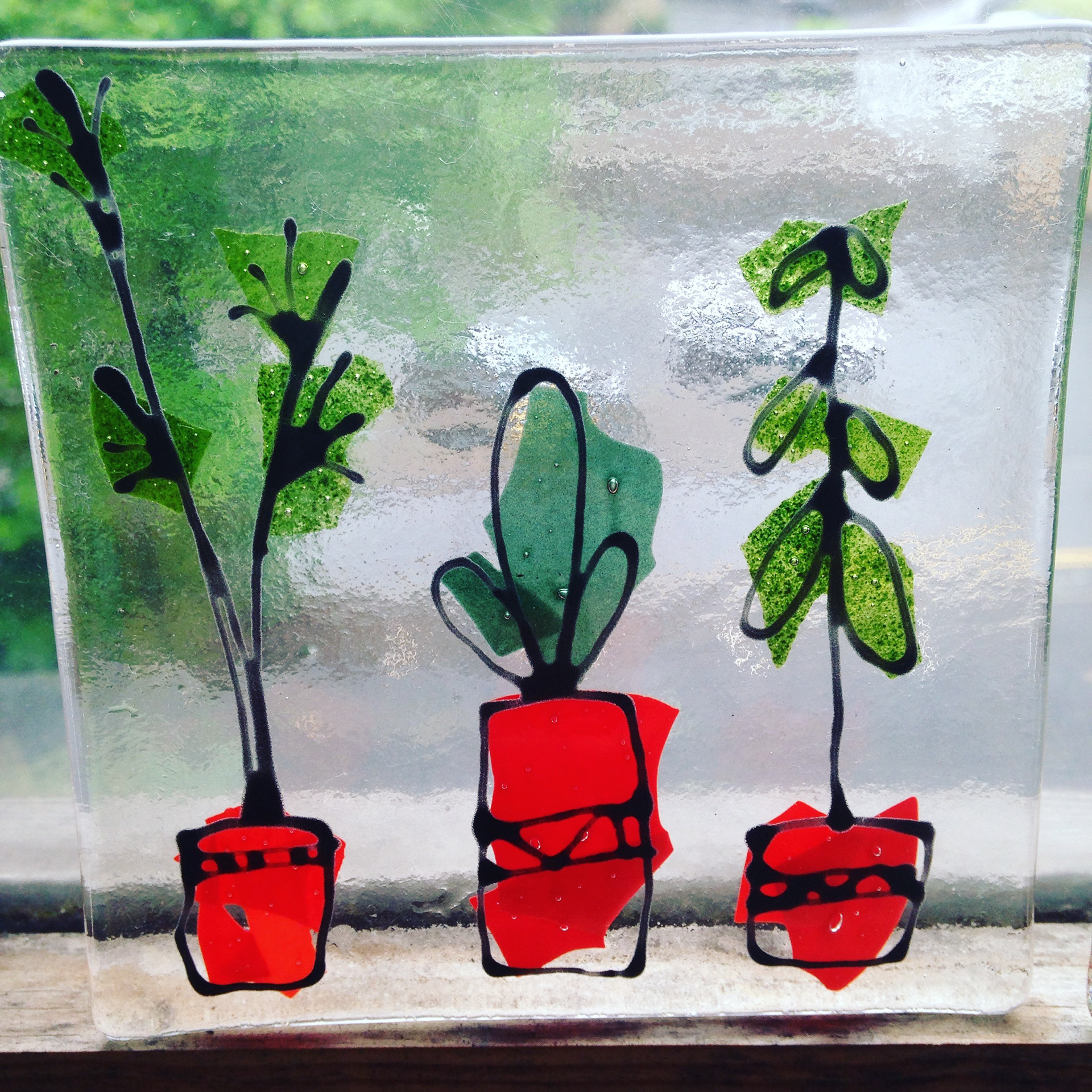 Stained Glass and Fused Glass plants. Hot glass tiles 10x10 cm Cactus, avacado seed, succulent. Glass paint, Glass confetti. Made at The Glass Garden