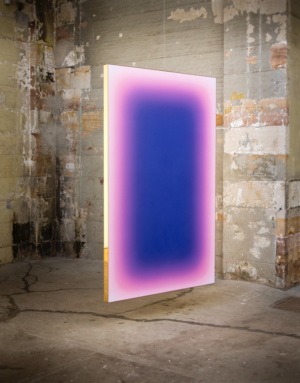 'Mutual Vibration' (suspended rotating painting) 190cm x 120cm x 6cm Voile and gold acrylic mirror 2017
