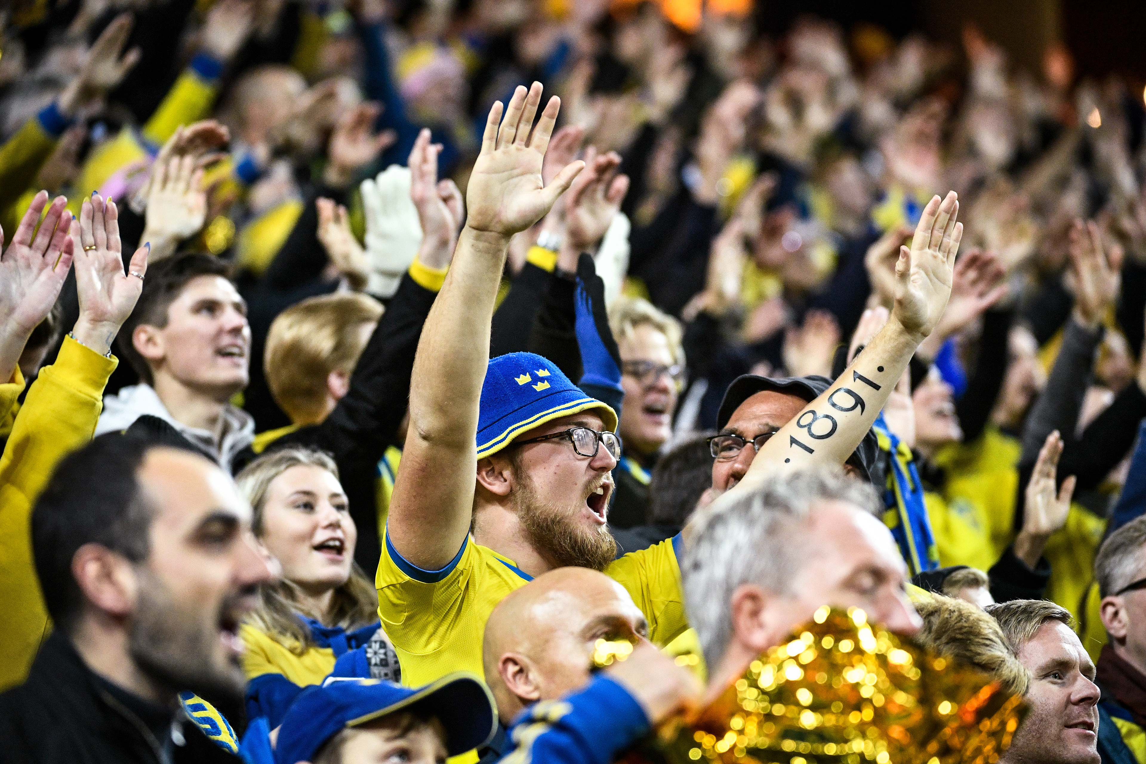 Svenska supporters på läktaren inför tisdagens EM-kvalmatch mellan Sverige och Spanien i Friends Arena i Solna.
