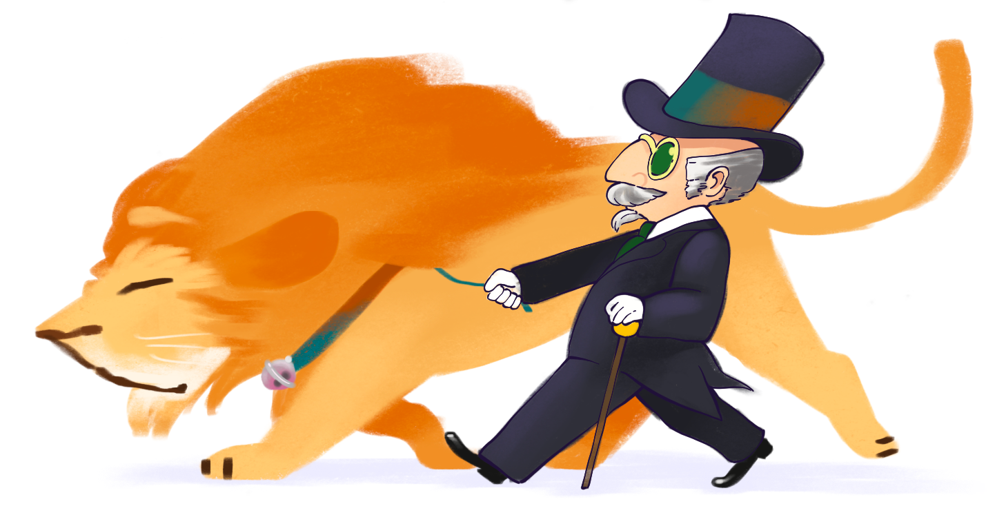 Illustration of a wealthy man and his pet lion (2019)