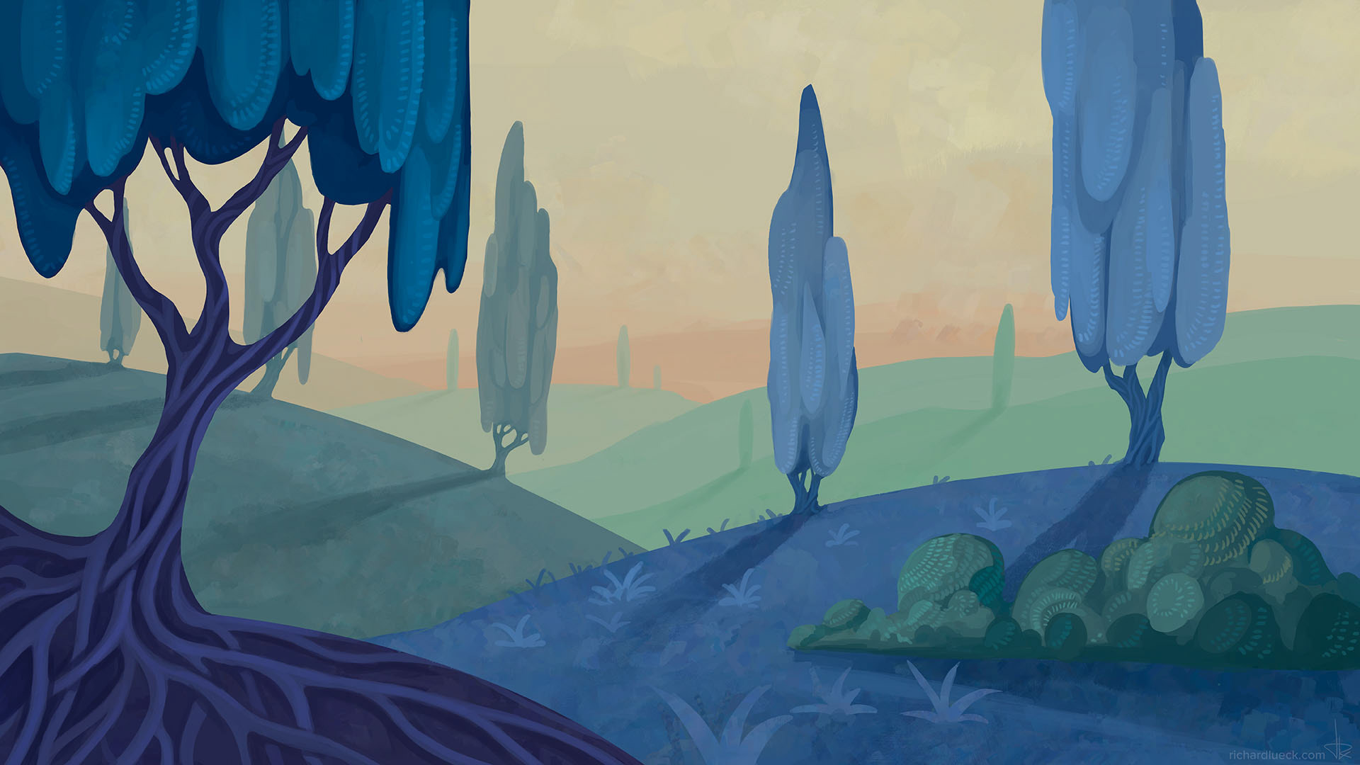 Fantastical fantasy landscape with blue trees and orange glow