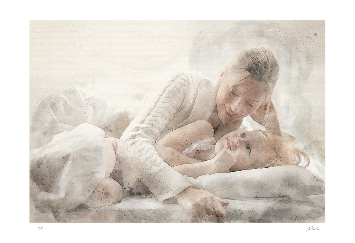 watercolor style image with mother and daughter lying on the bed