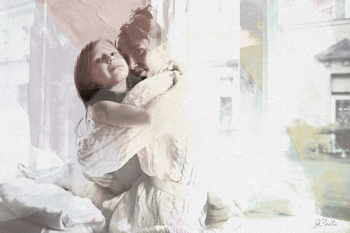 painting style image with a mother hugging a little daughter