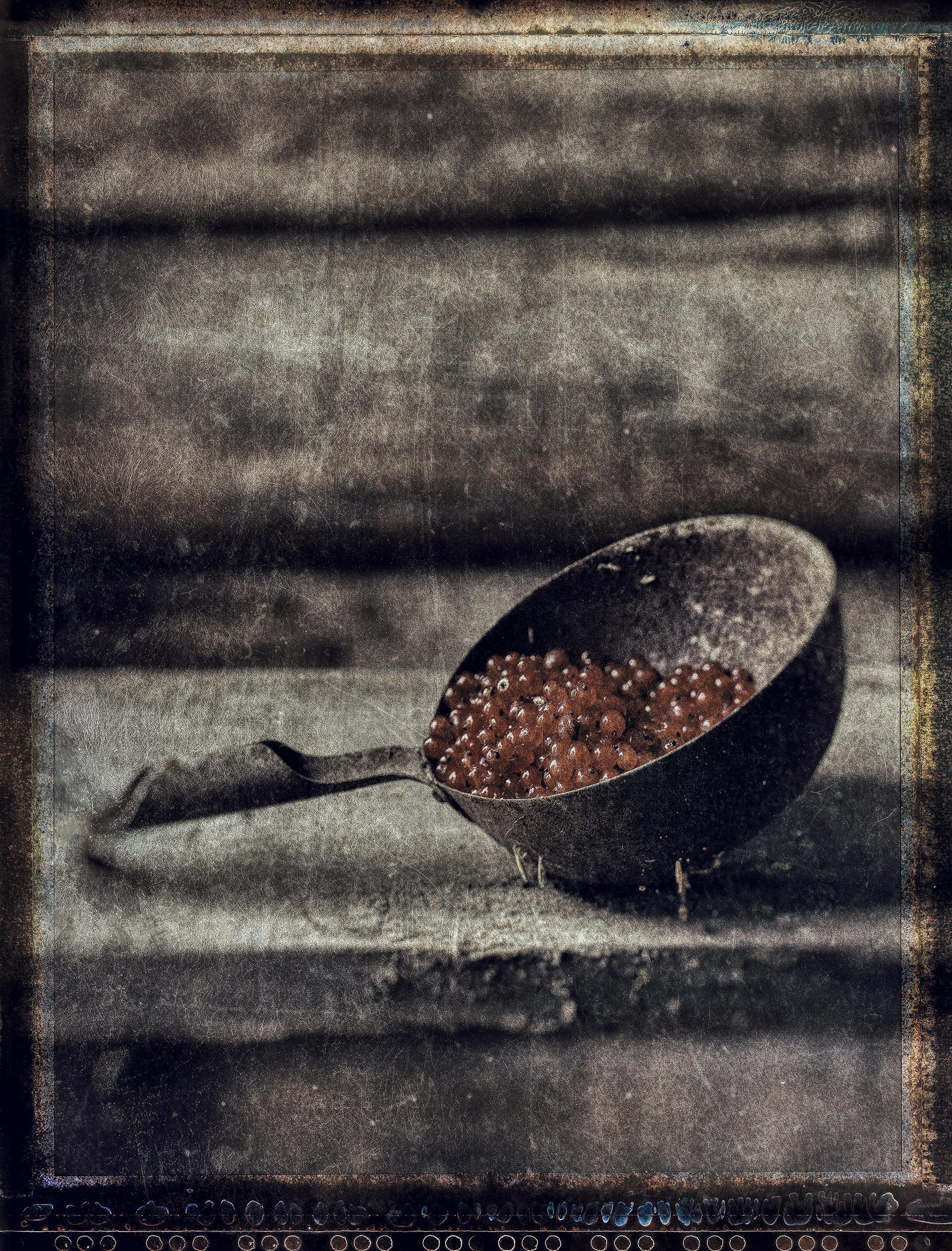 Old rusty ladle with recurrants in it on a plank against a timbered wall. Photographed with an aged grimy dirty look with a large format polaroid type border