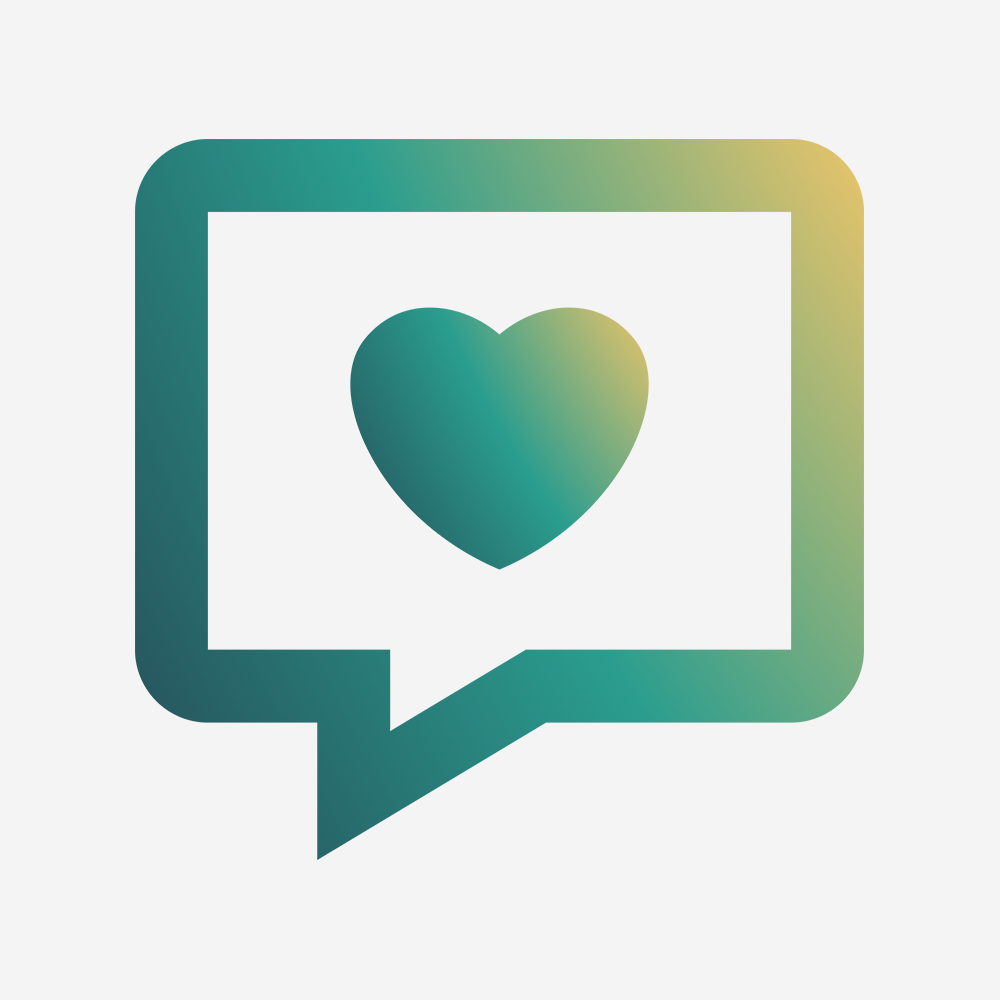 Primary Care logo is a speech bubble with a heart inside that has a gradient color from green to yellow