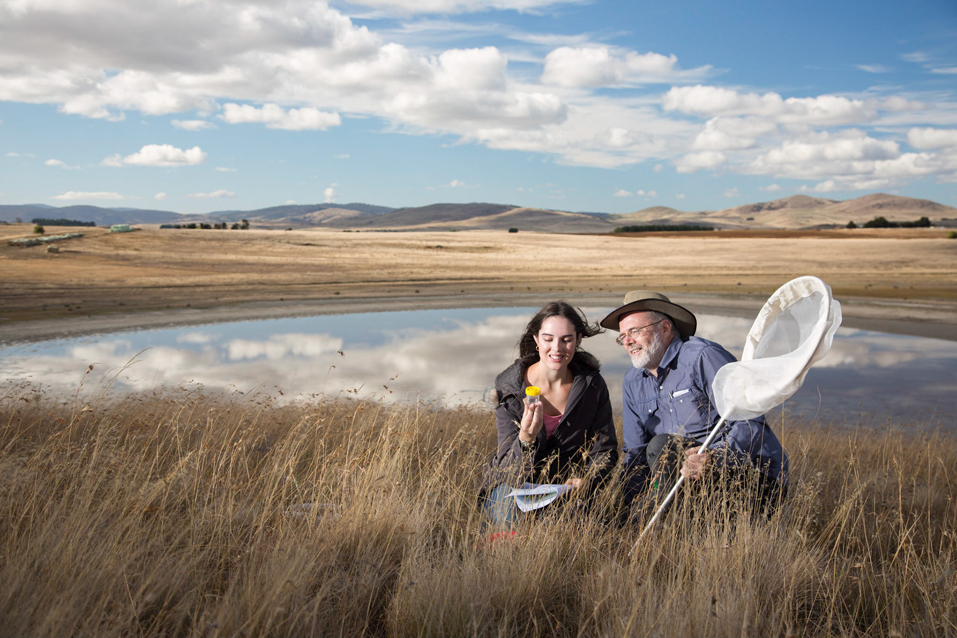University of Tasmania Dr Peter McQuillan with Honours student Melanie Bottril documenting native bees  in the Southern Midlandsg