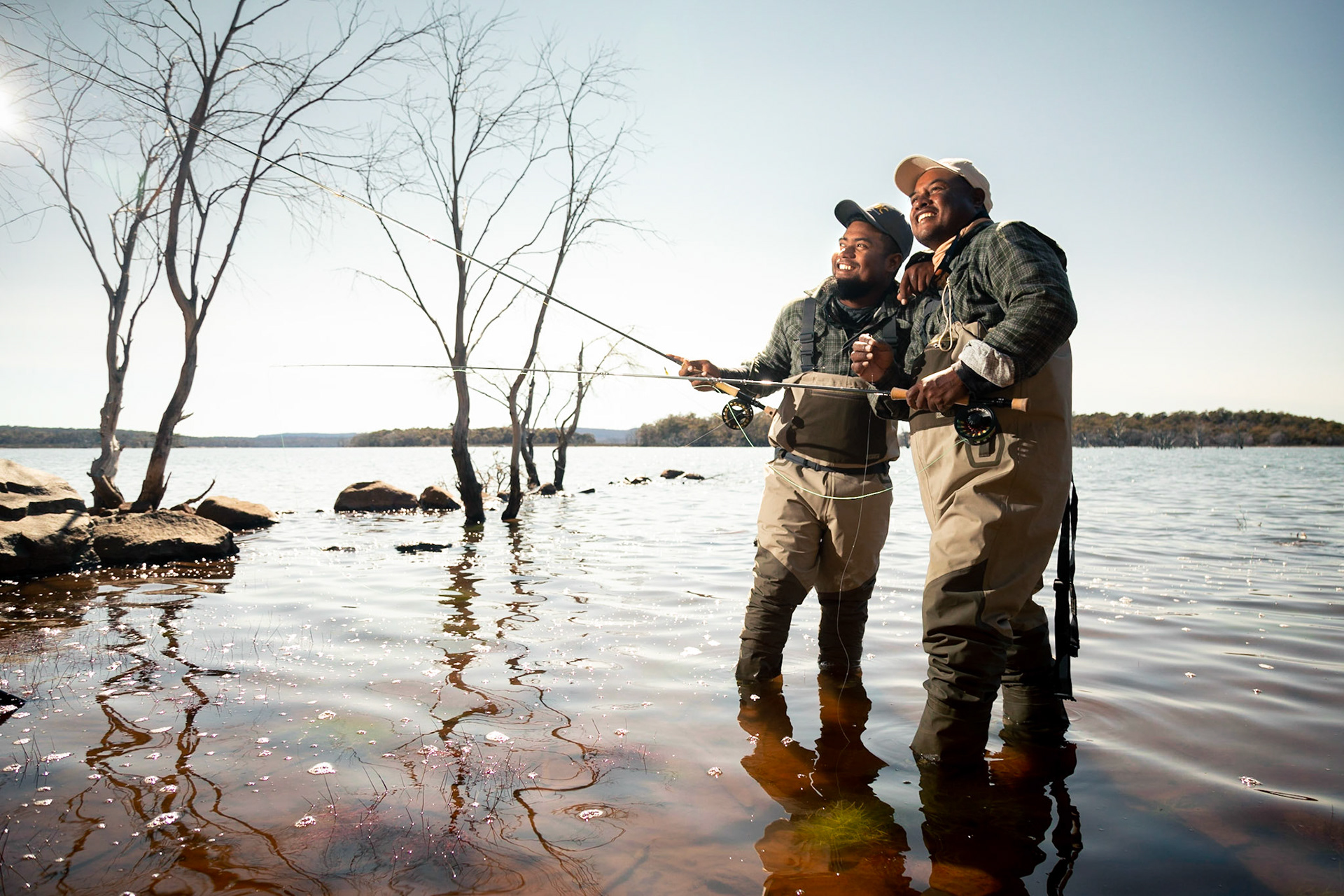 Eketi Tekaibo and Tatoa Ioteti of the Kiribati national fly fishing team which is competing in the World Fly Fishing Championships 2019 in Tasmania.Photographed at Arthurs Lake on Tasmania's Central Plateau.22/11/2019