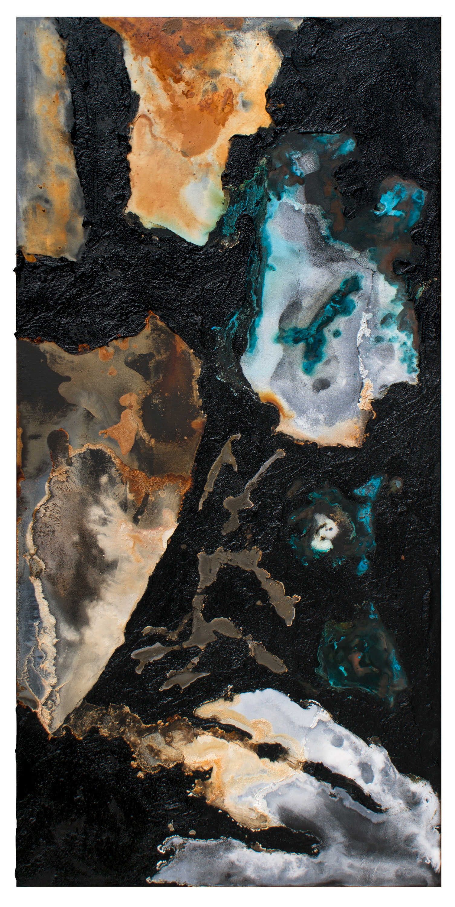 Tailings Pond 11 - 125 x 61 cm - 2018 - emulsion paint, bitumen, plaster of paris, copper, iron, salt, ammonia, acid and synthetic resin on canvas