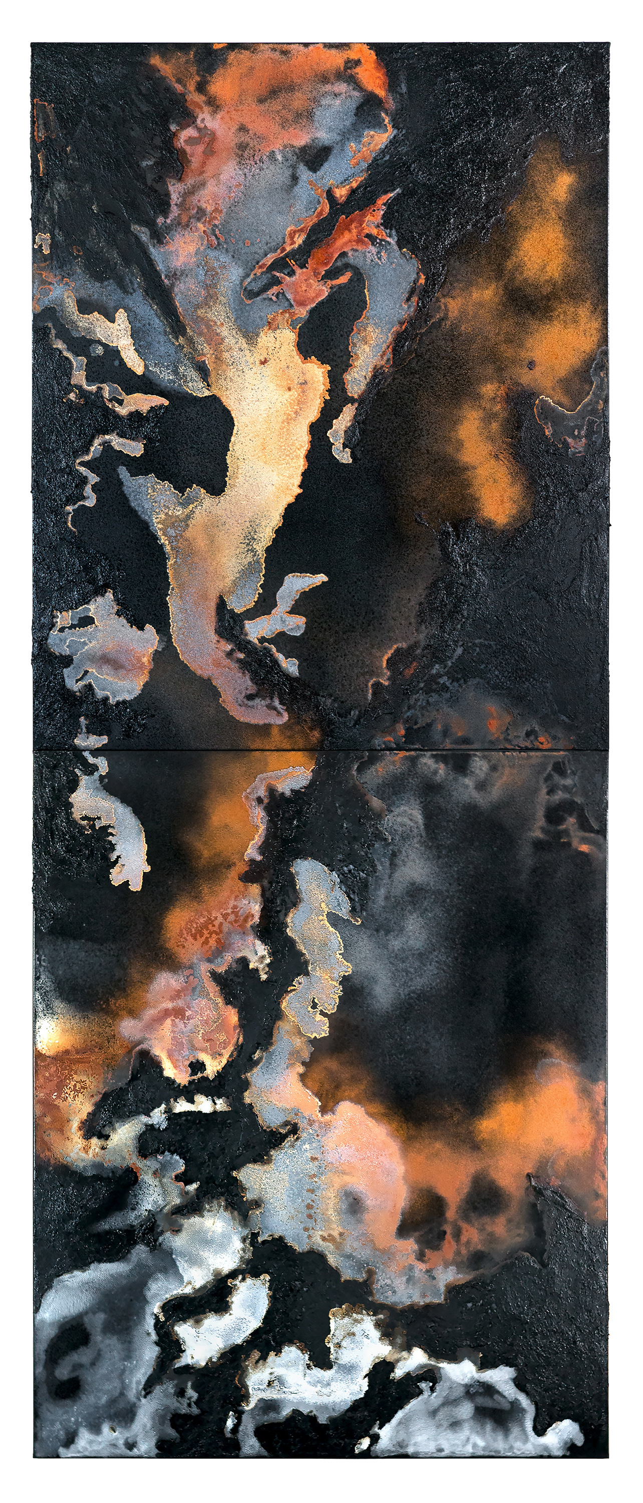 Buffalo Head Hills 3 - 270 x 110cm (diptych, 135 x 110cm each) - 2018 - emulsion paint, bitumen, plaster of Paris, iron, iron oxide, acid and synthetic resin on canvas