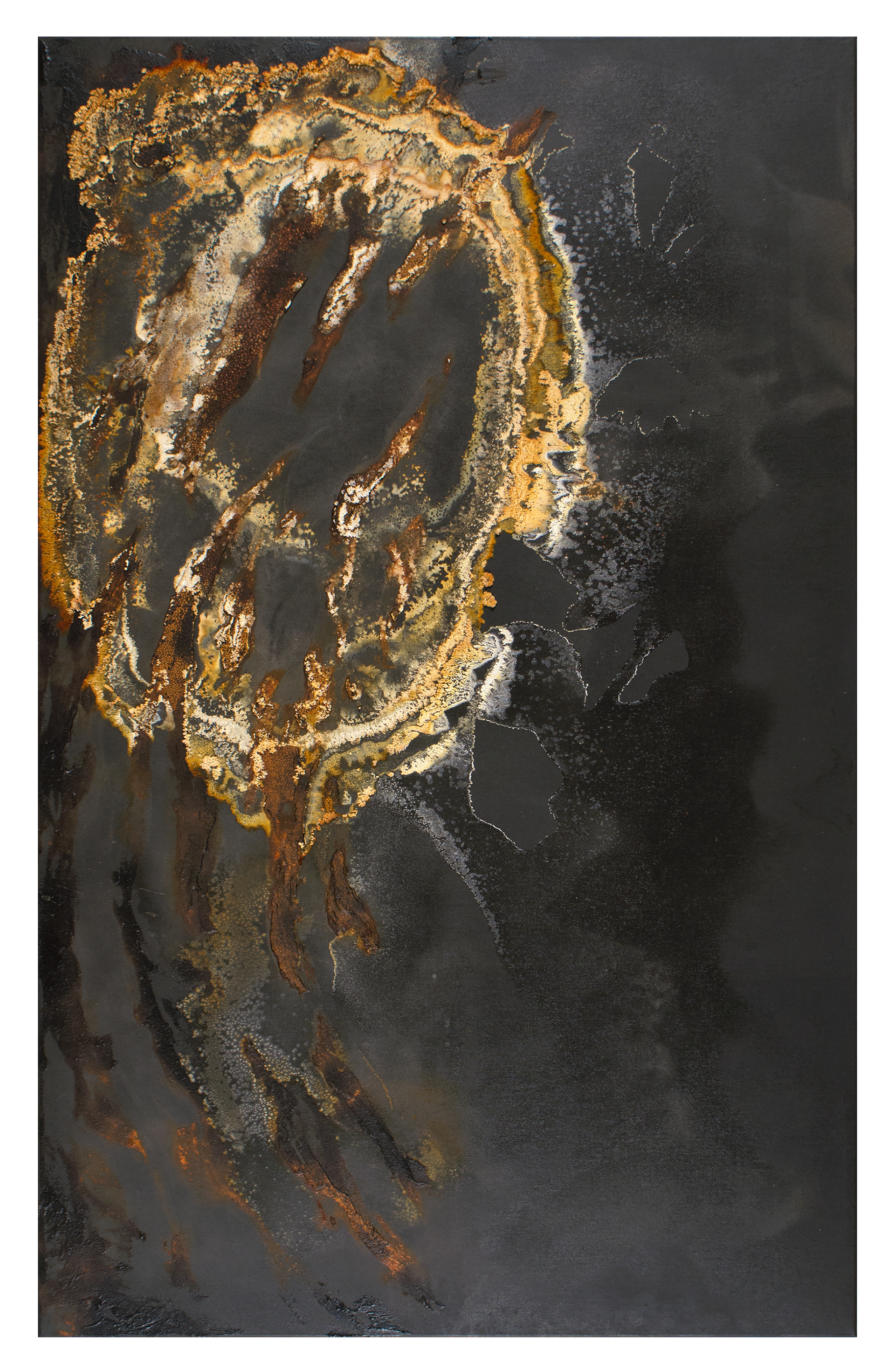 Wabasca 3 - 135 x 85cm - 2017 - emulsion paint, bitumen, plaster of paris, iron, iron oxide, acid and synthetic resin on canvas
