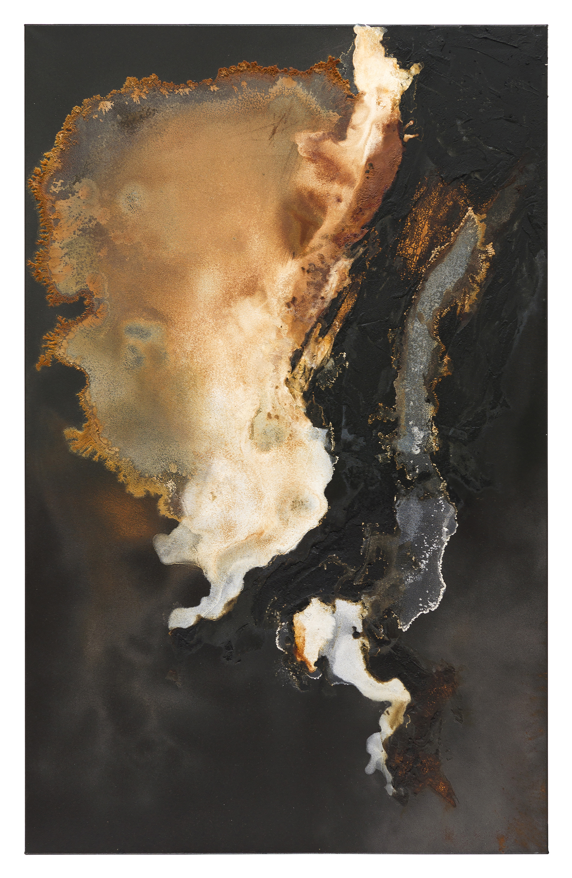 Wabasca 2 - 135 x 85cm - 2017 - emulsion paint, bitumen, plaster of paris, iron, iron oxide, acid and synthetic resin on canvas