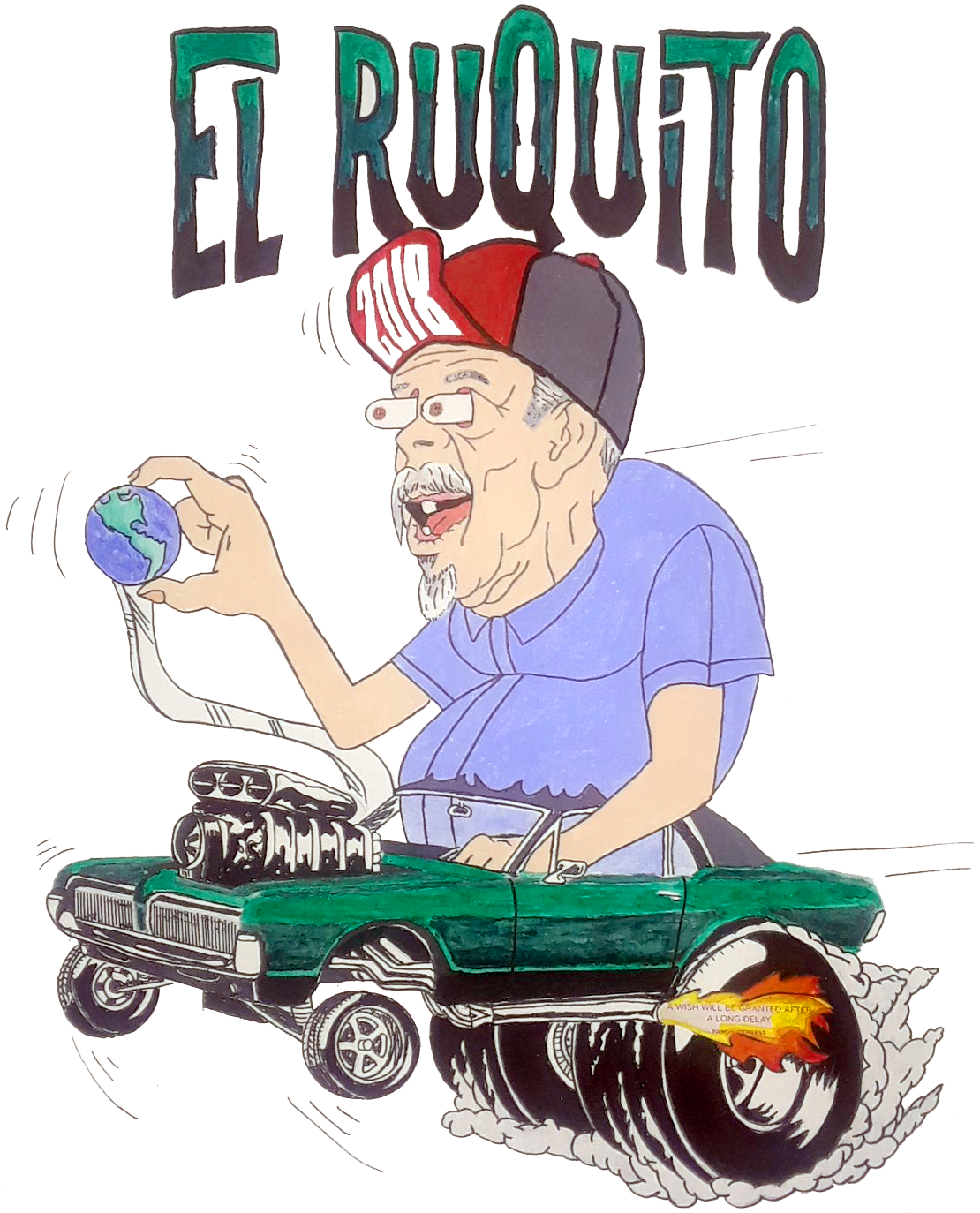 For this project I read a fortune cokie and create a design from it. My fortune is included in the artwork(flames) and it reads “A wish will be granted after a long delay.“ Reading this I thought of the muscle car that I always wanted. Aging myself to represent the delay was logical; “El Ruquito” means “old dude” in Spanish. Being a fan of rat fink art, I took the opportunity to explore this style for the first time.