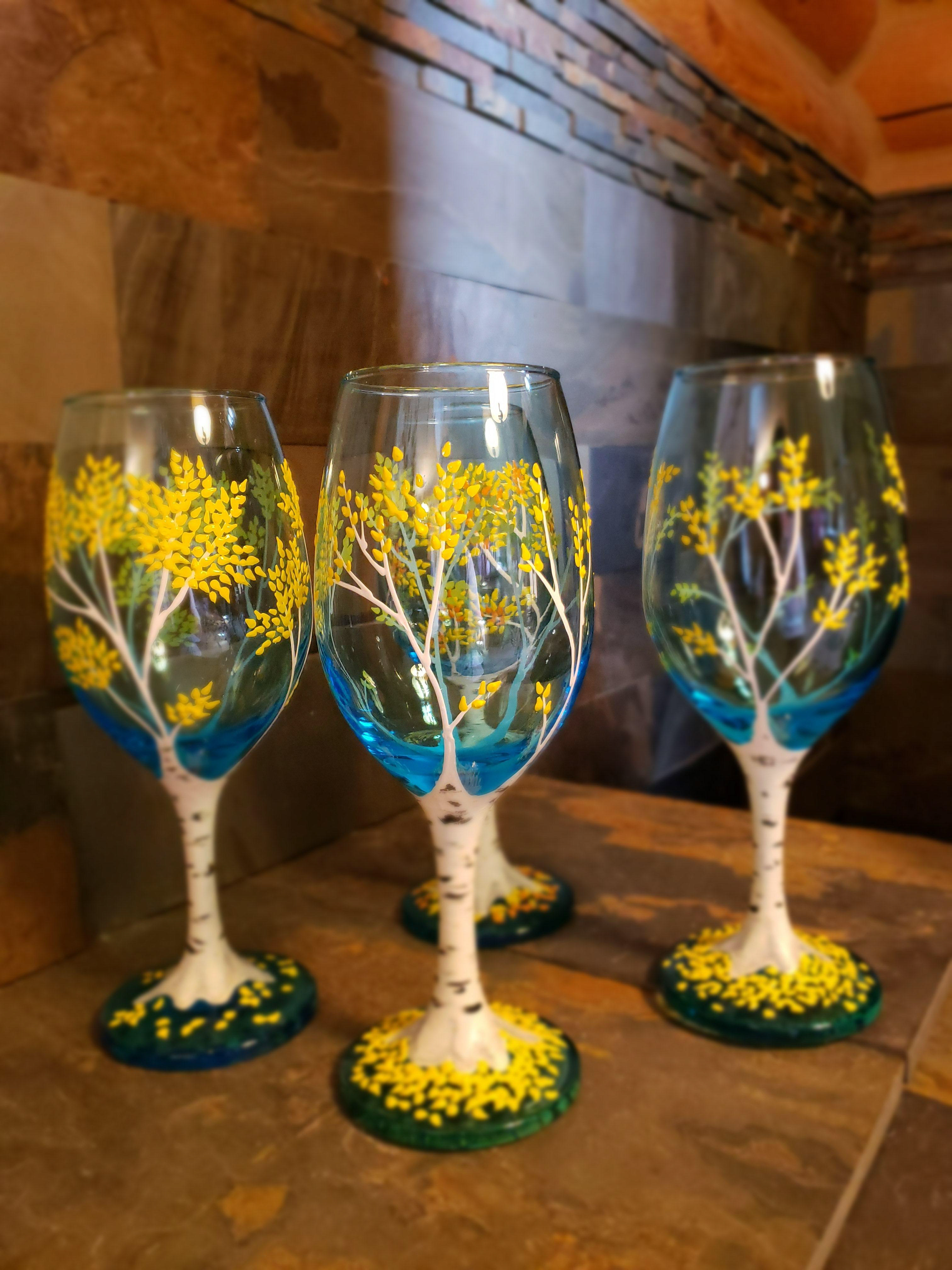 Aspen Trees on Blue Wine Glass