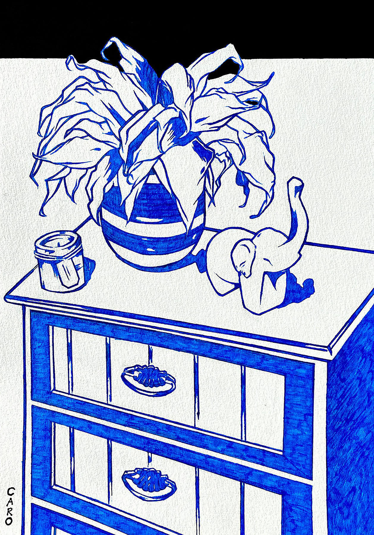 Blue Objects, marker pen on card paper, 29.7 x 21 cm, 2020.