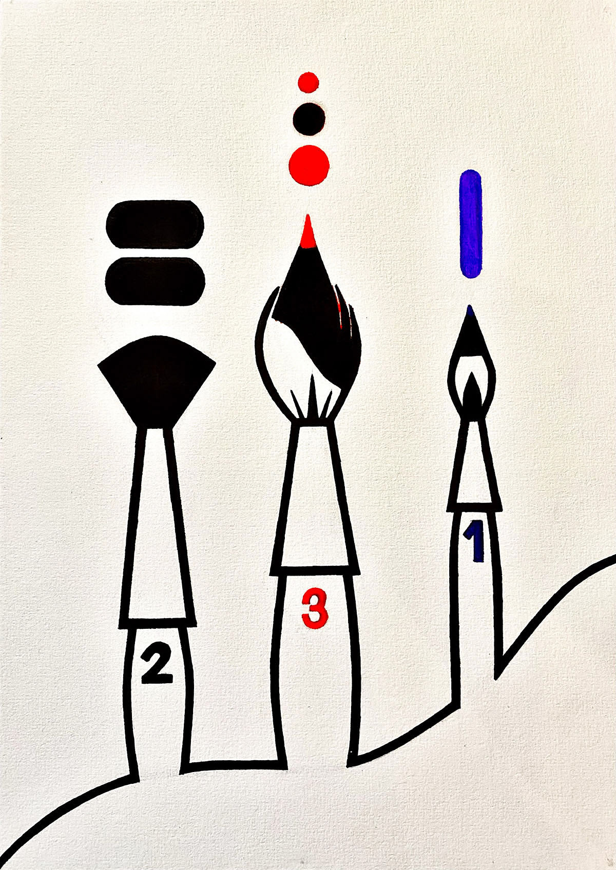 Paint Brushes, marker pen and coloured felts on card paper, 29.7 x 21 cm, 2019.