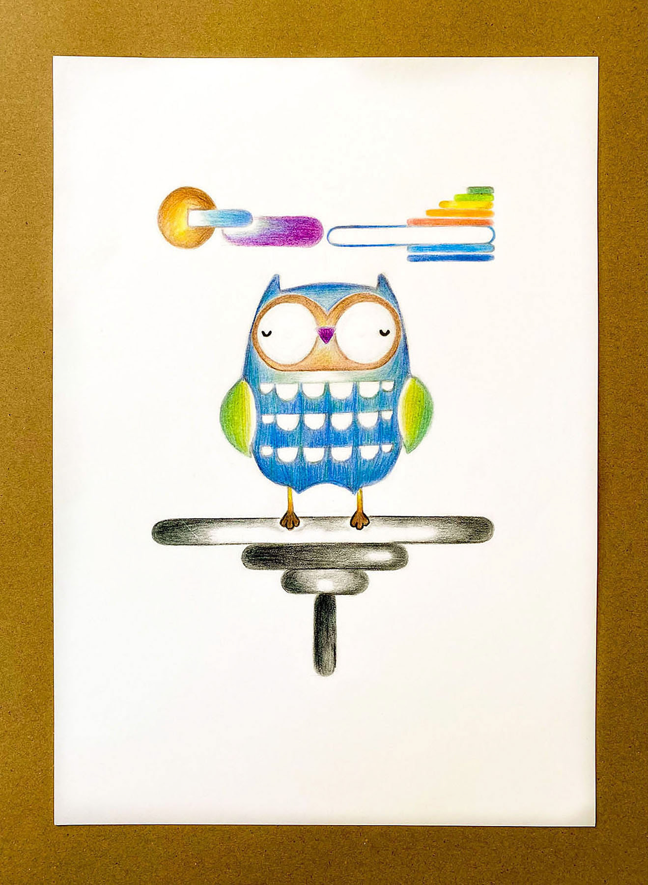 Owl Drawing, graphite and coloured pencils on Bristol pad paper, 29.7 x 21 cm, 2020.