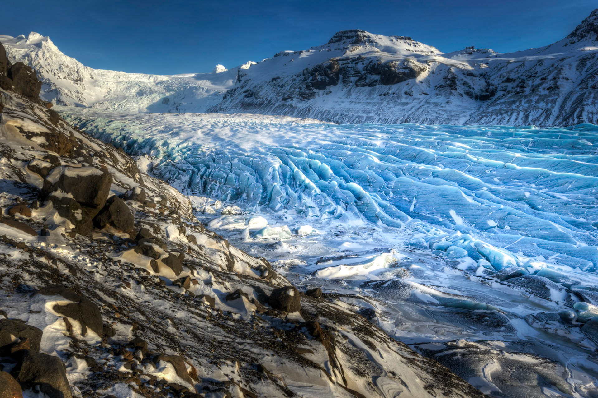 One of the many tongues of the Vatnajókull Glacier.VatnajökulsþjóðgarðurAusturland, IcelandFebruary 2, 2016This is an HDR image consisting of 5 exposures merged in Photomatix Pro. Additional processing in Lightroom and Photoshop.PENTAX K-3, Sigma 10-20mm f/4-5.6 EX DCISO 100 14 mm  ¹⁄₂₀ sec at ƒ / 18