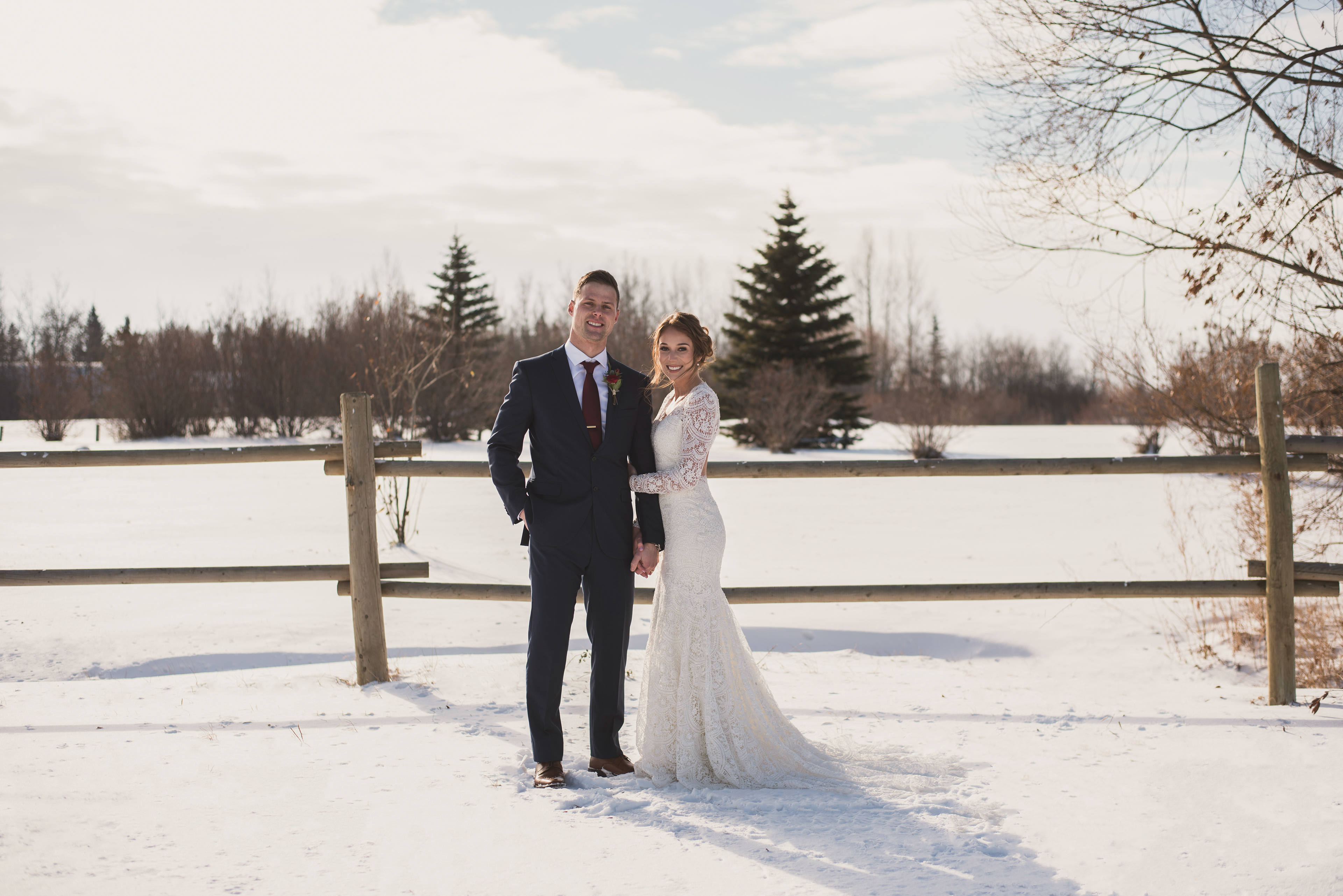Bride and groom in the winter in Edmonton