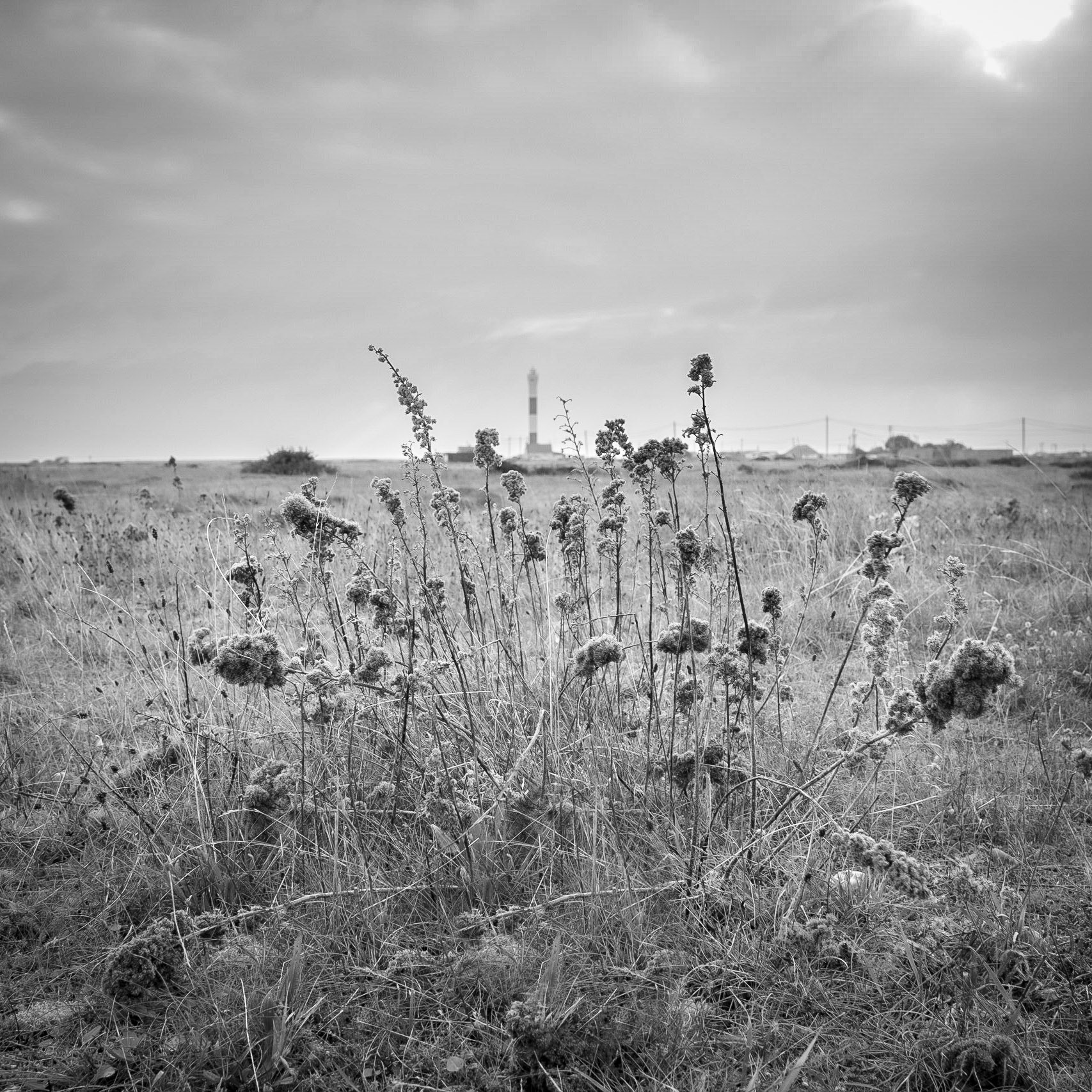 A distant view of the working lighthouse at Dungeness, Kent