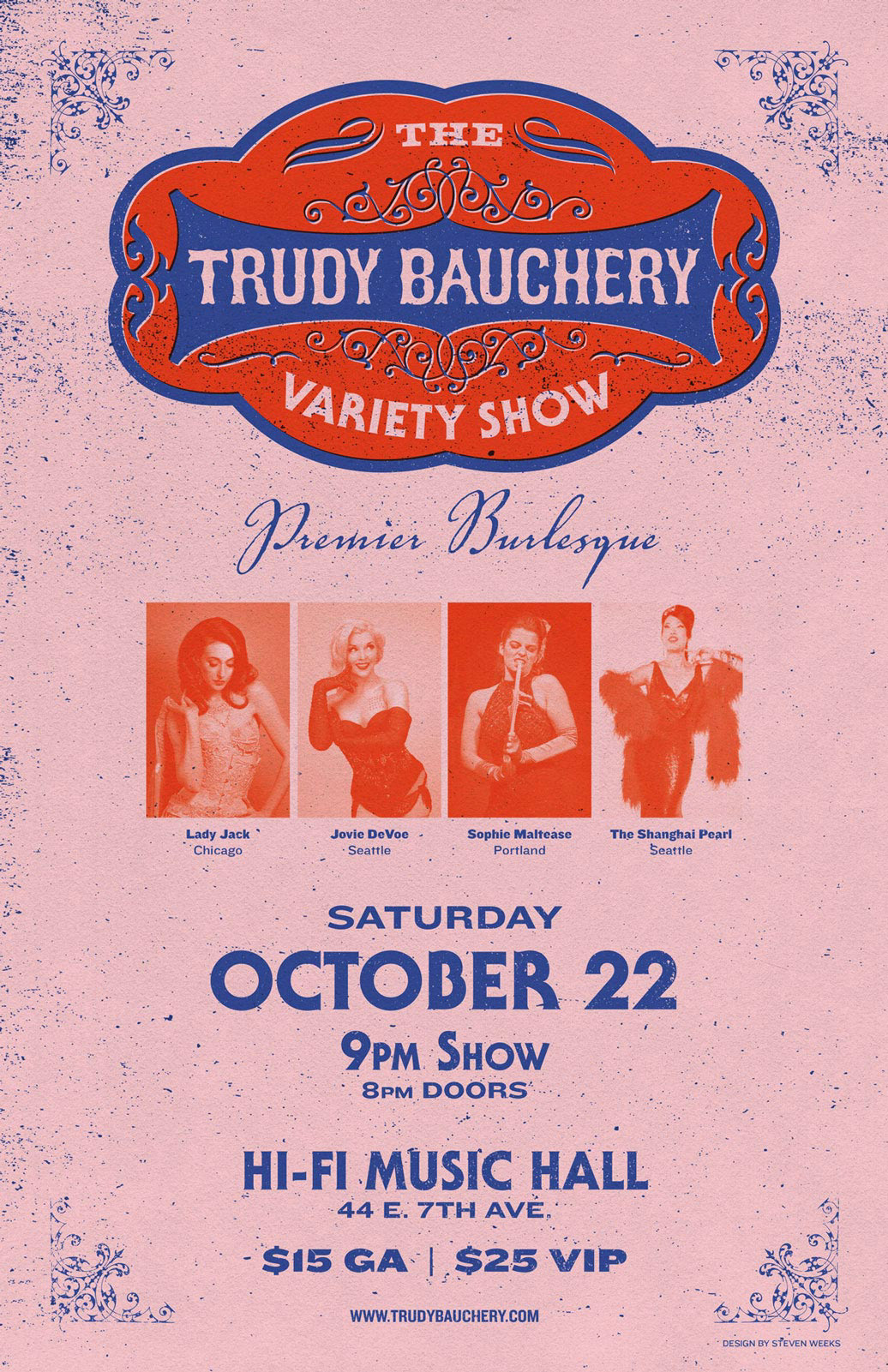 Event poster design for Trudy Bauchery Variety Show at Hi-Fi Music Hall in Eugene