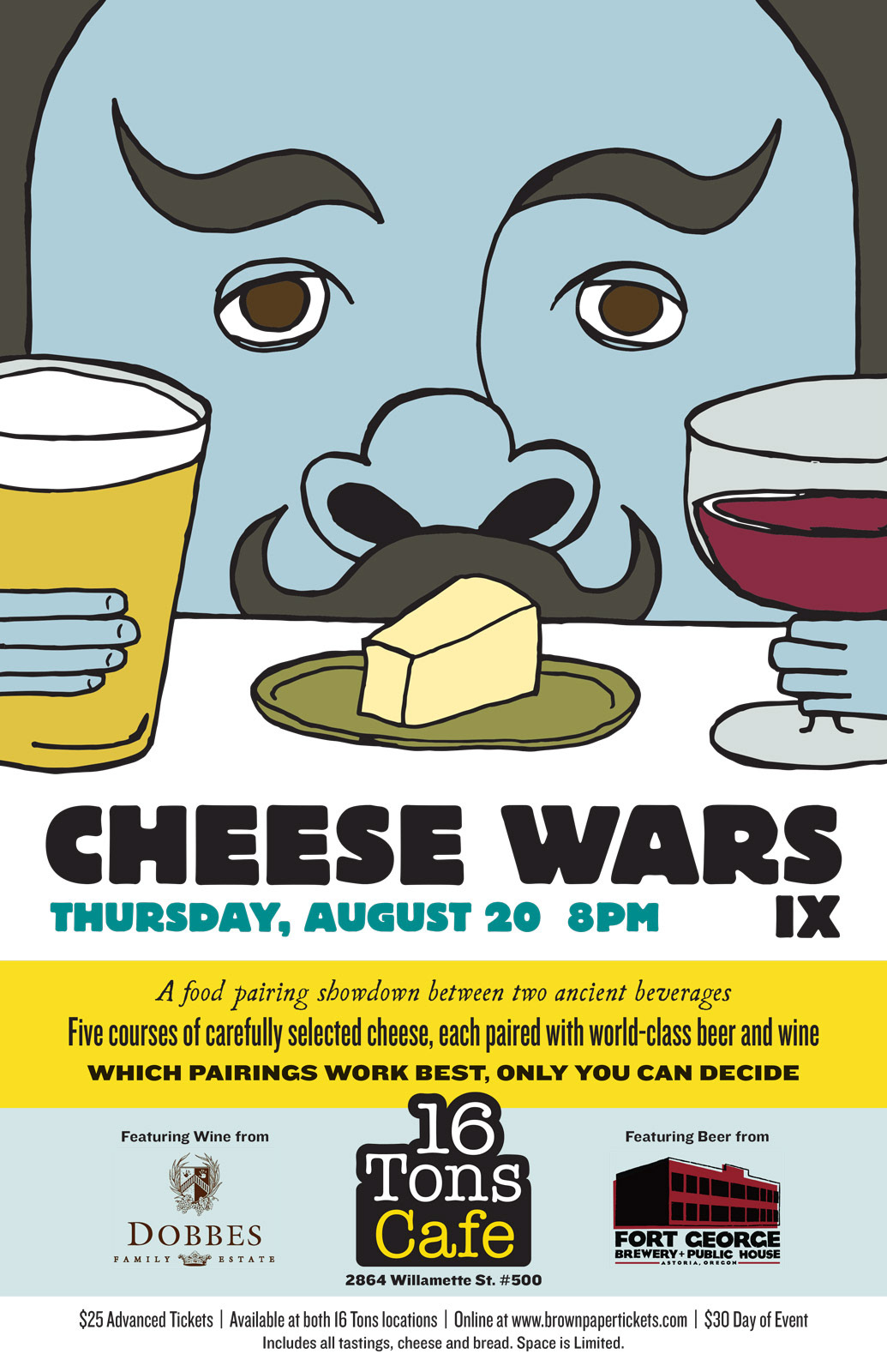 Event poster design for Cheese Wars IX at 16 Tons Cafe in Eugene
