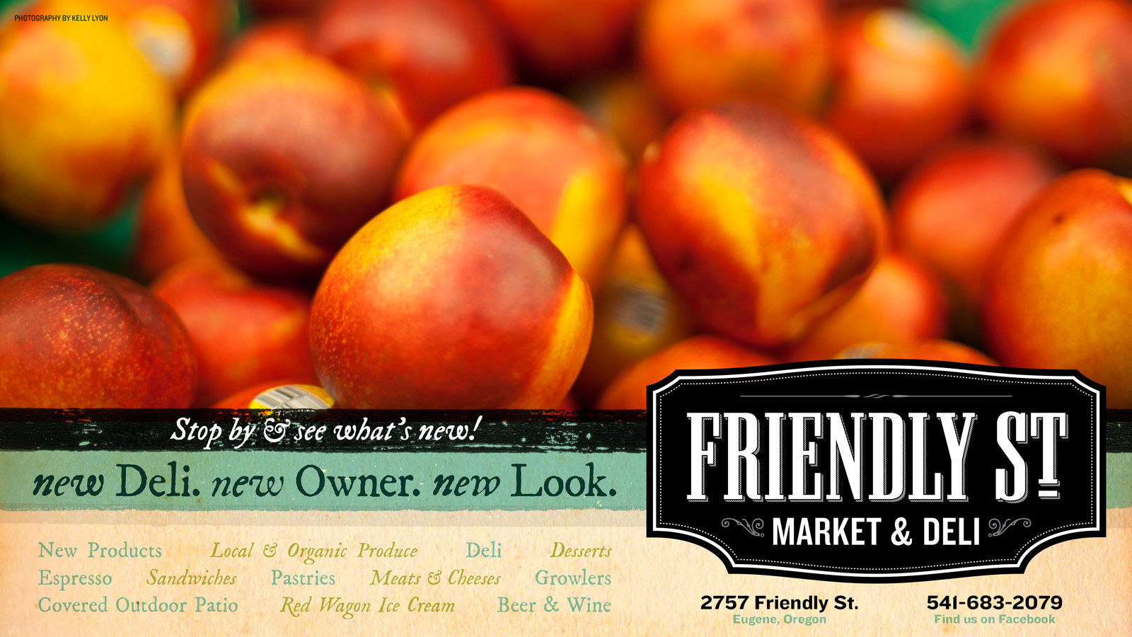 Advertising and ad design for Friendly St. Market. Wood type, ink, classical and modern design with photography.