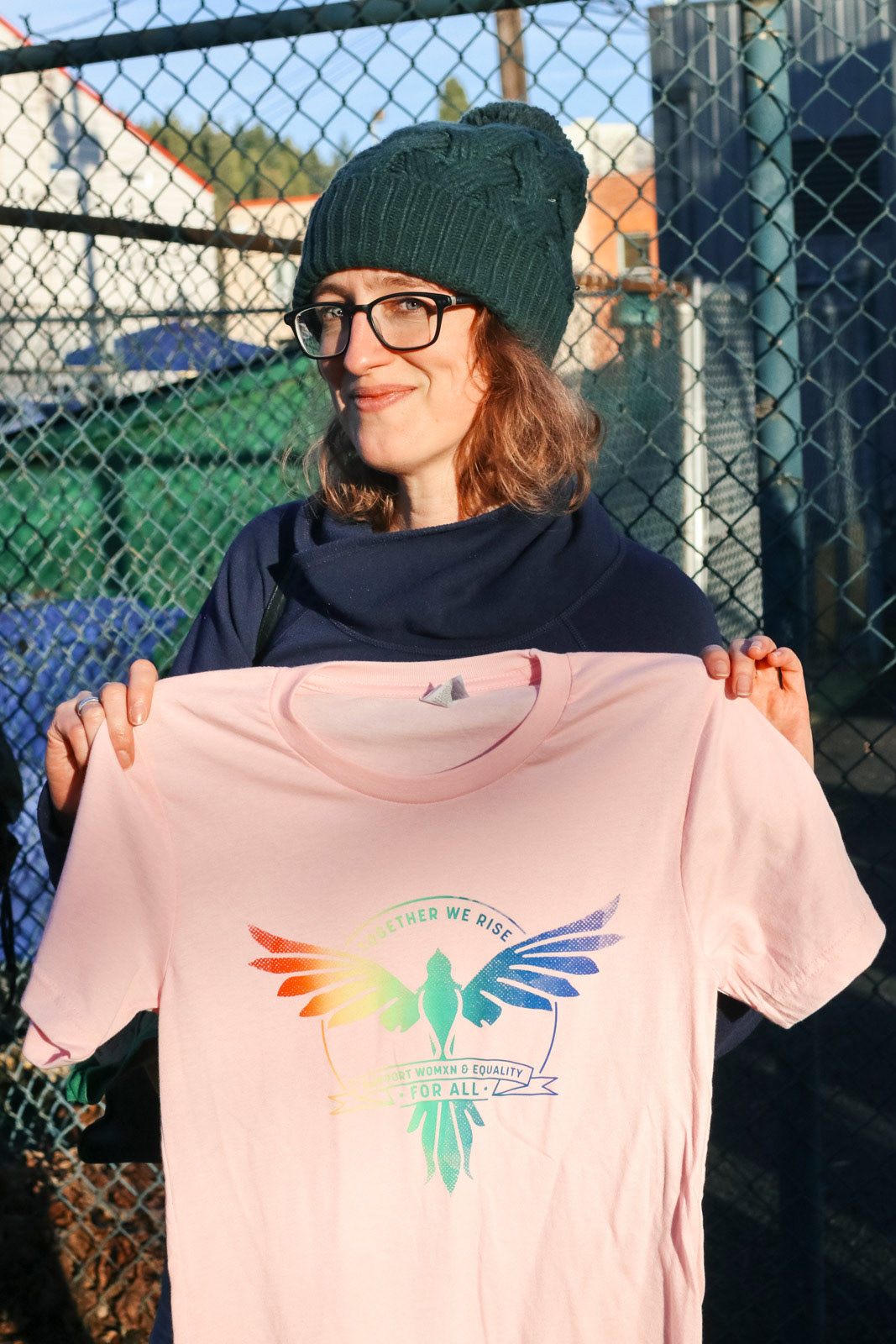 Feminist activist sporting her new t-shirt at Threadbare Press