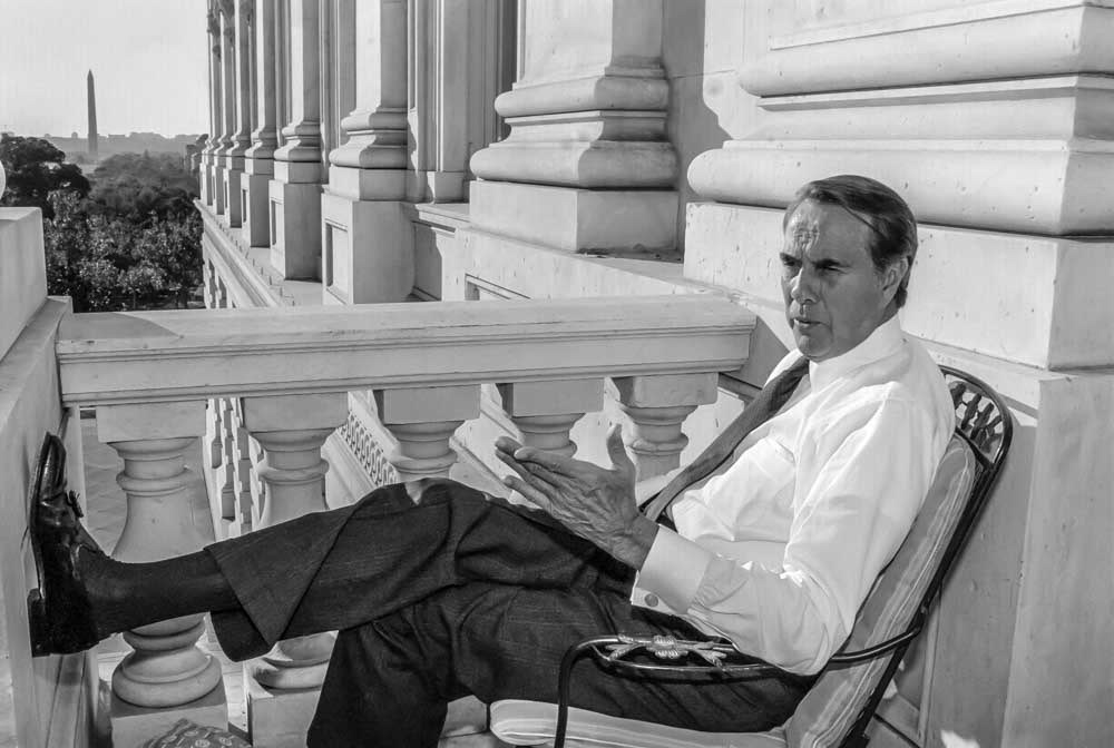 Sen. Bob Dole (R-KS) on a balcony outside his Minority Leader's office at the U.S. Capitol, October 15, 1990