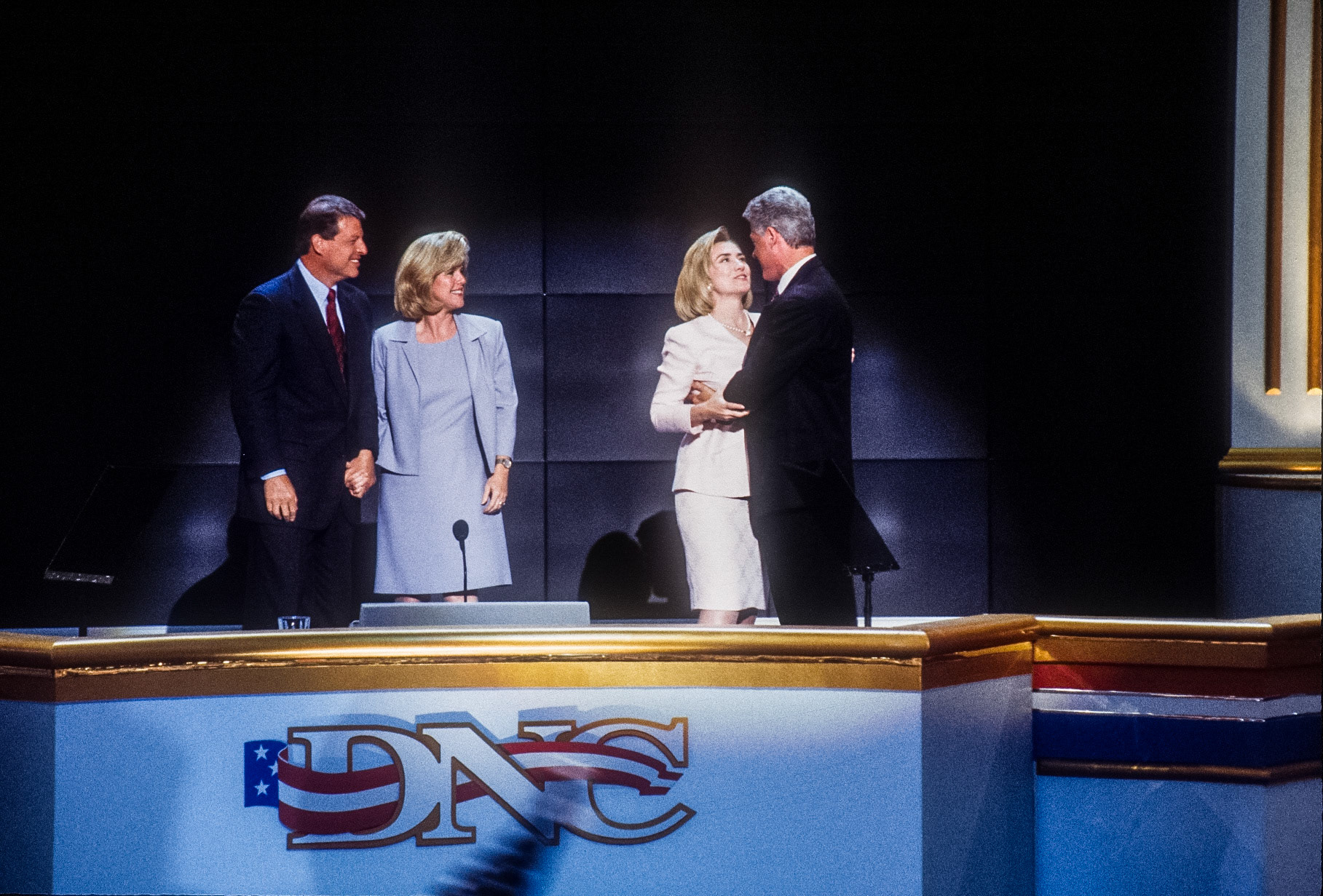 Democratic nominee Bill Clinton and Al Gore celebrate their nominations with their wives, Tipper and Hillary.