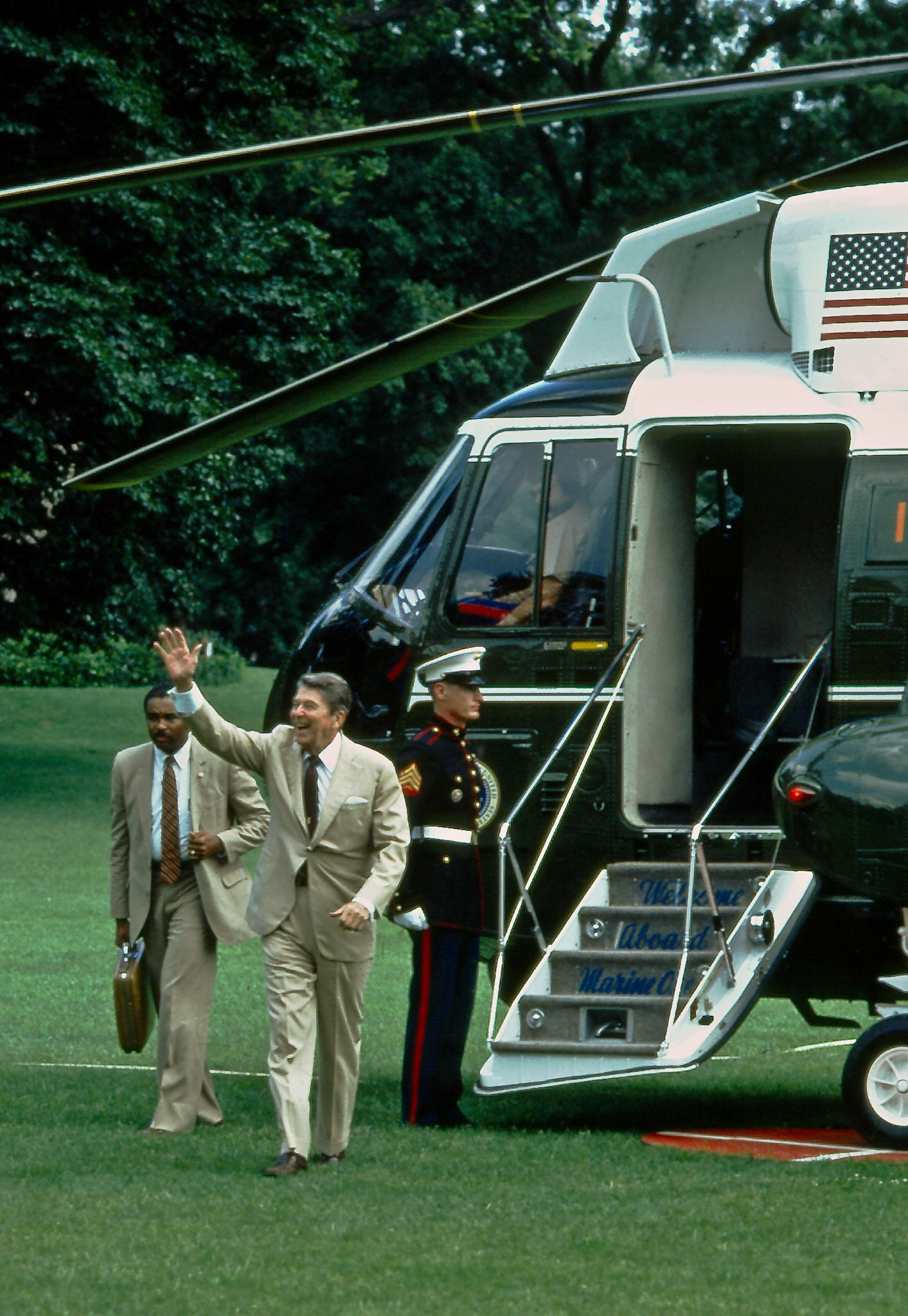 President Ronald Reagan arriving on the South Lawn of the White House via helicopter, June 5, 1988.