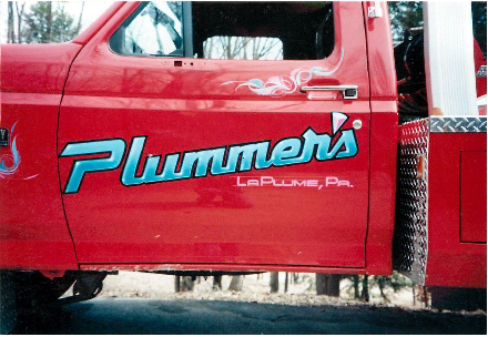 Hand-painted, airbrushed truck lettering for local business, Plummers Towing (1997)