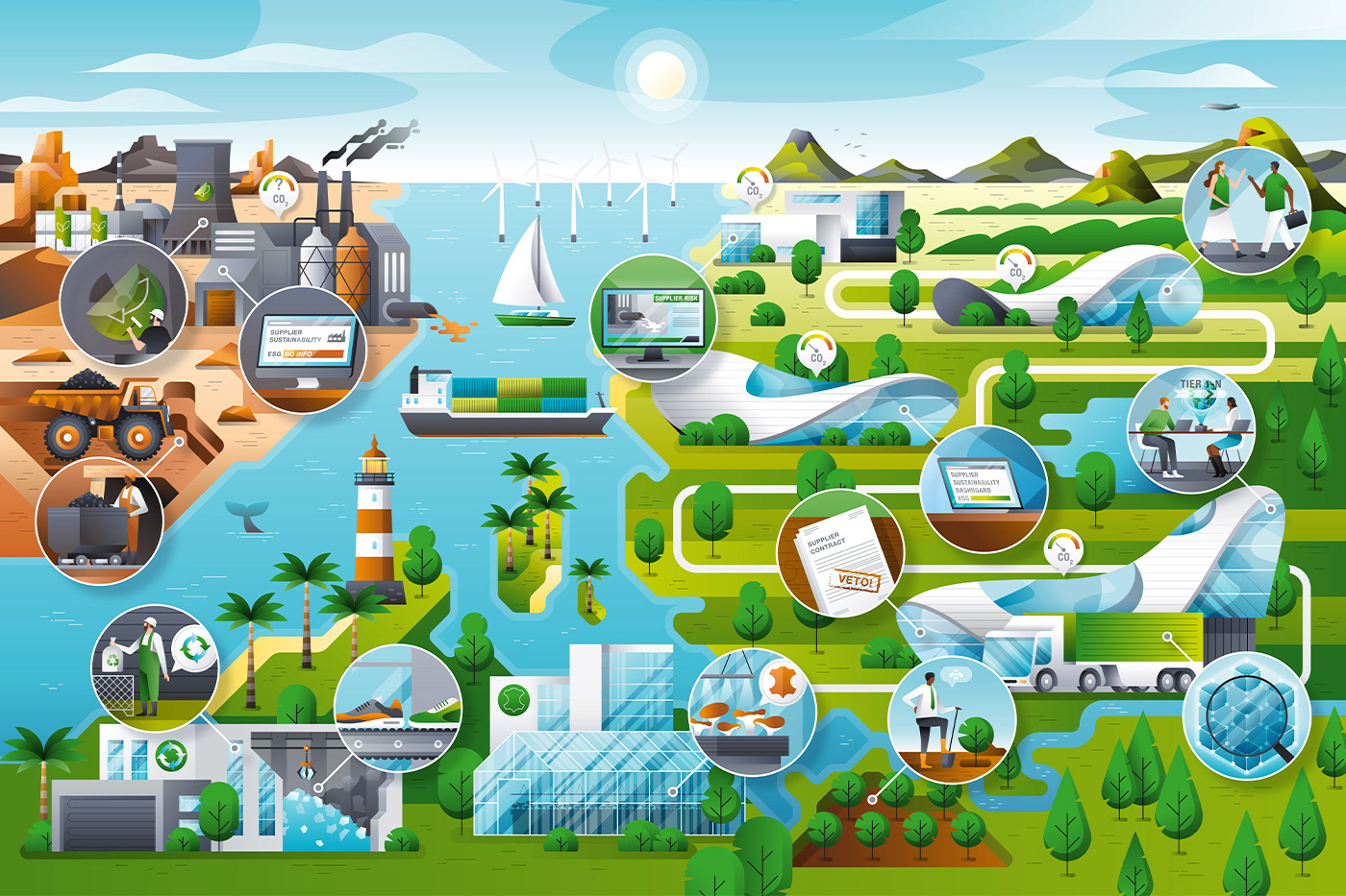Illustrative poster for sustainability report by Adrian Bauer