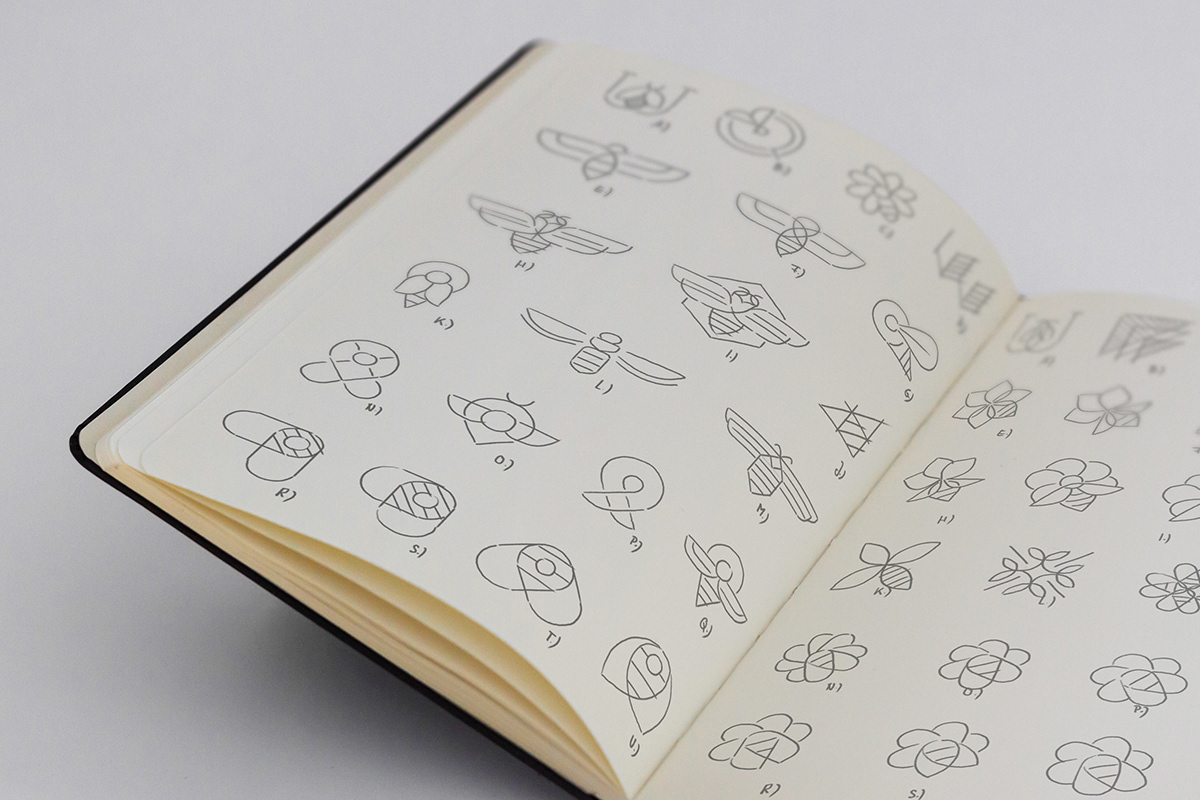 Sketchbook with different logo ideas and sketches by Adrian Bauer