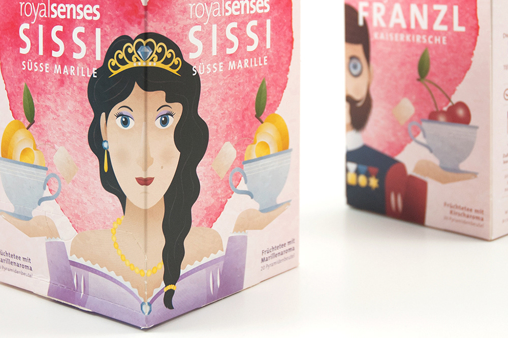 Teekanne Sissi and Franzl package design by Friedlhampen and Adrian Bauer